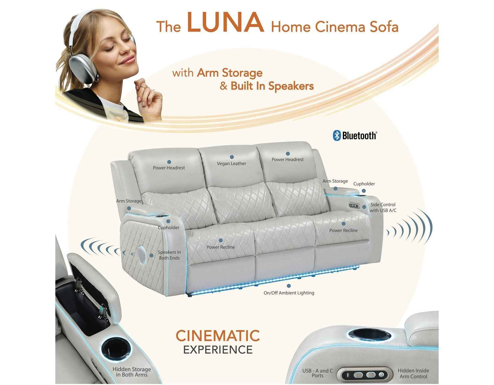 Luna Home Cinema Power Reclining Sofa, Ice Vegan Leather - Image 18