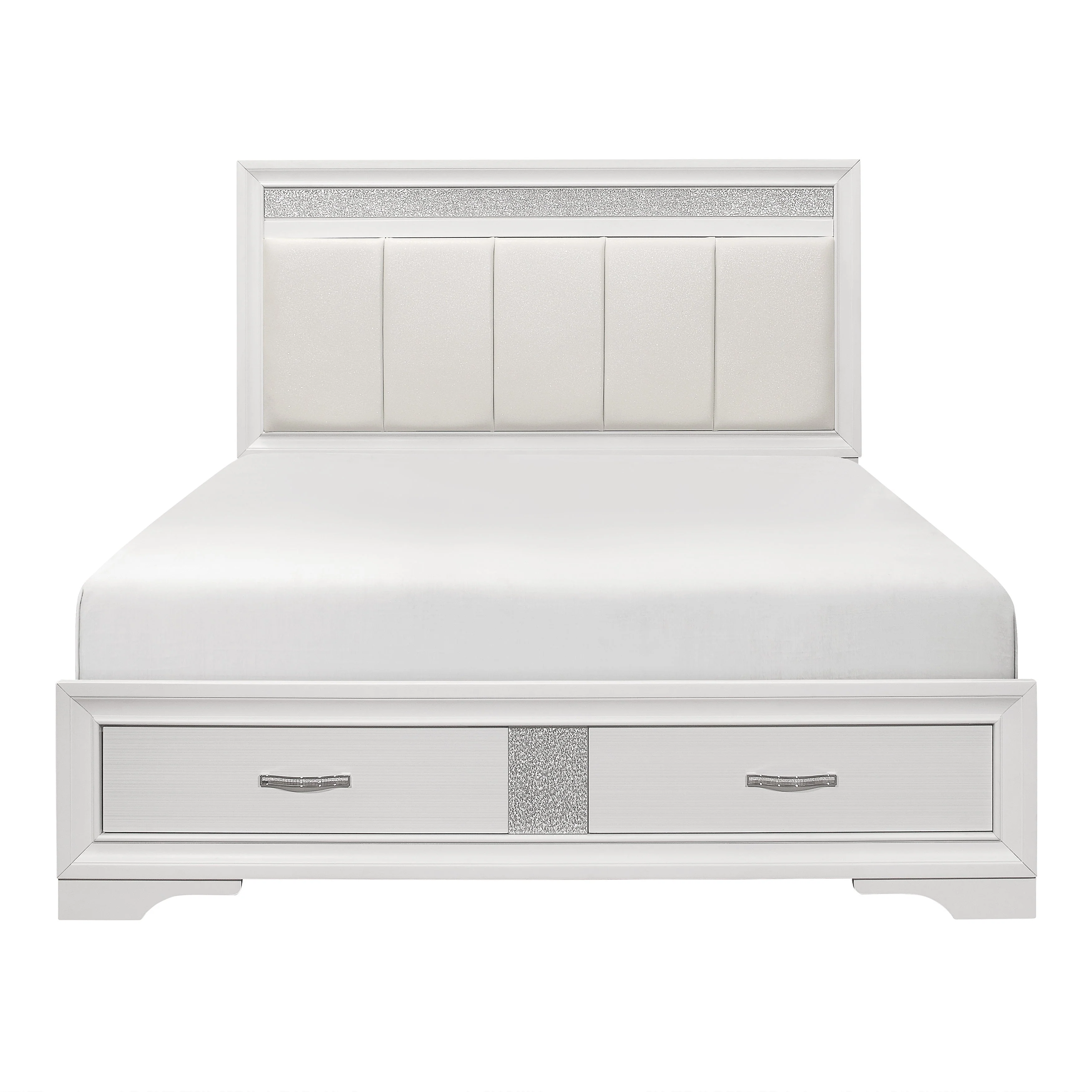 Luster White California King Upholstered Storage Platform Bed