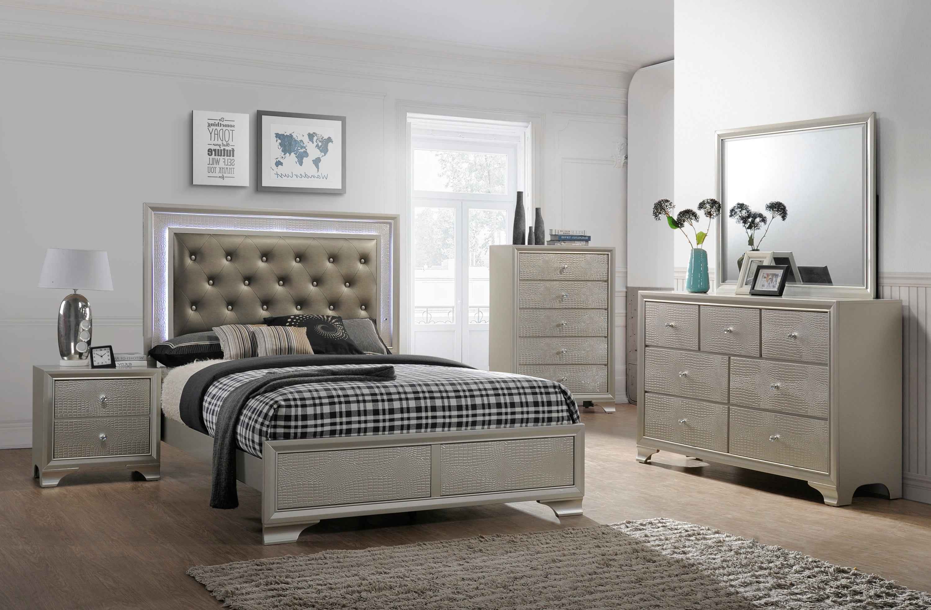 Lyssa Champagne King LED Upholstered Panel Bed - Image 2