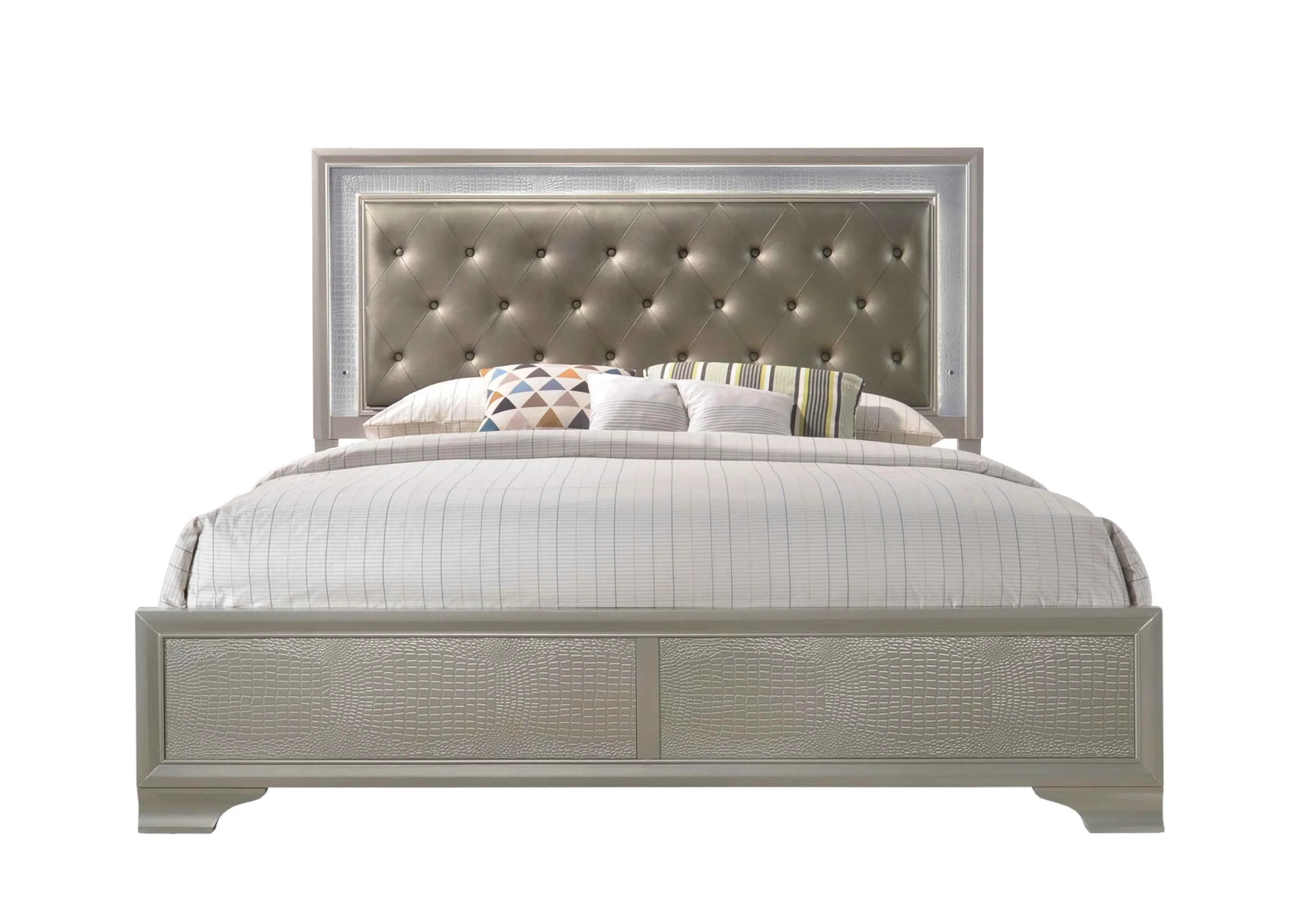 Lyssa Champagne King LED Upholstered Panel Bed - Image 3