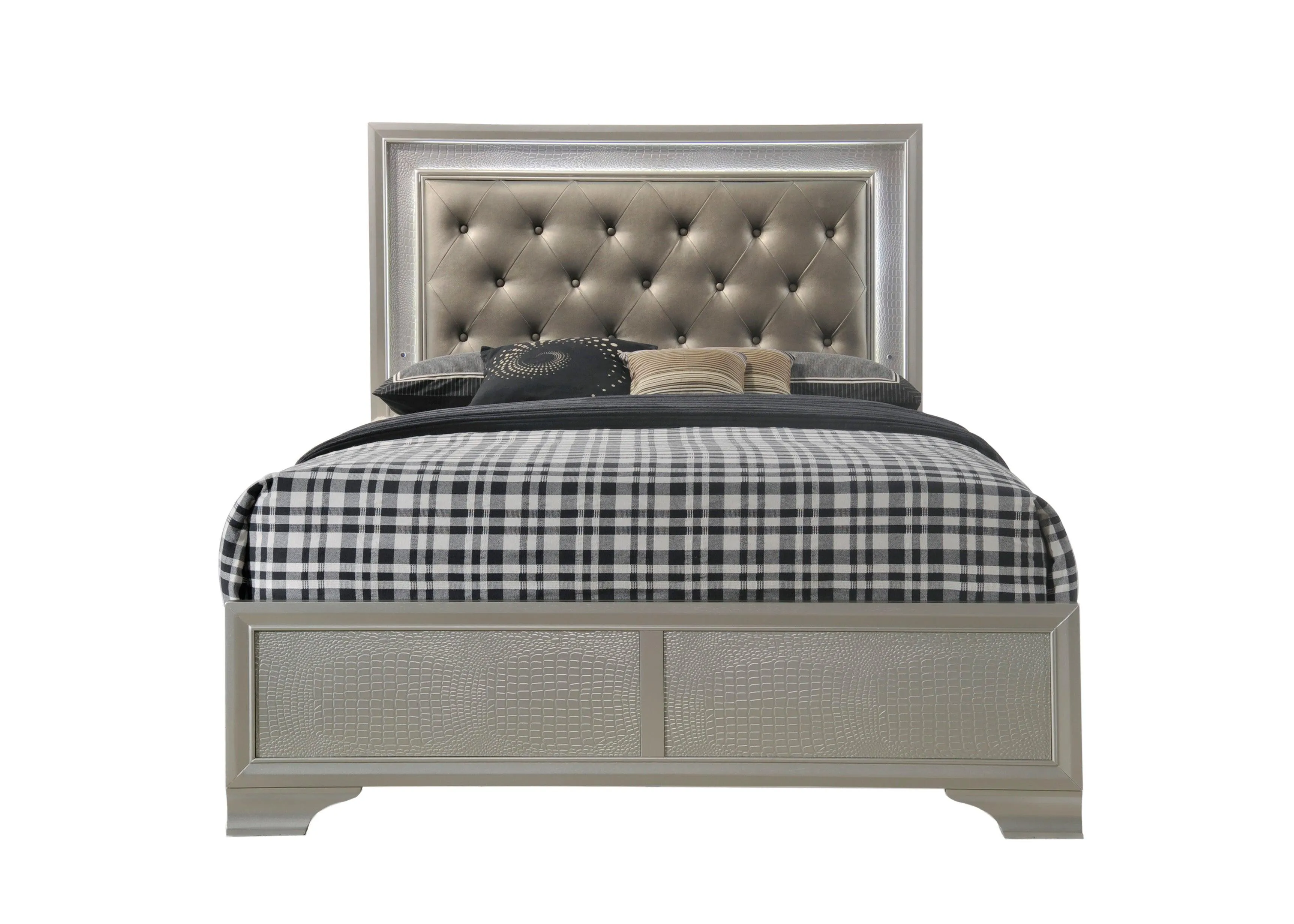 Lyssa Champagne Queen LED Upholstered Panel Bed - Image 2