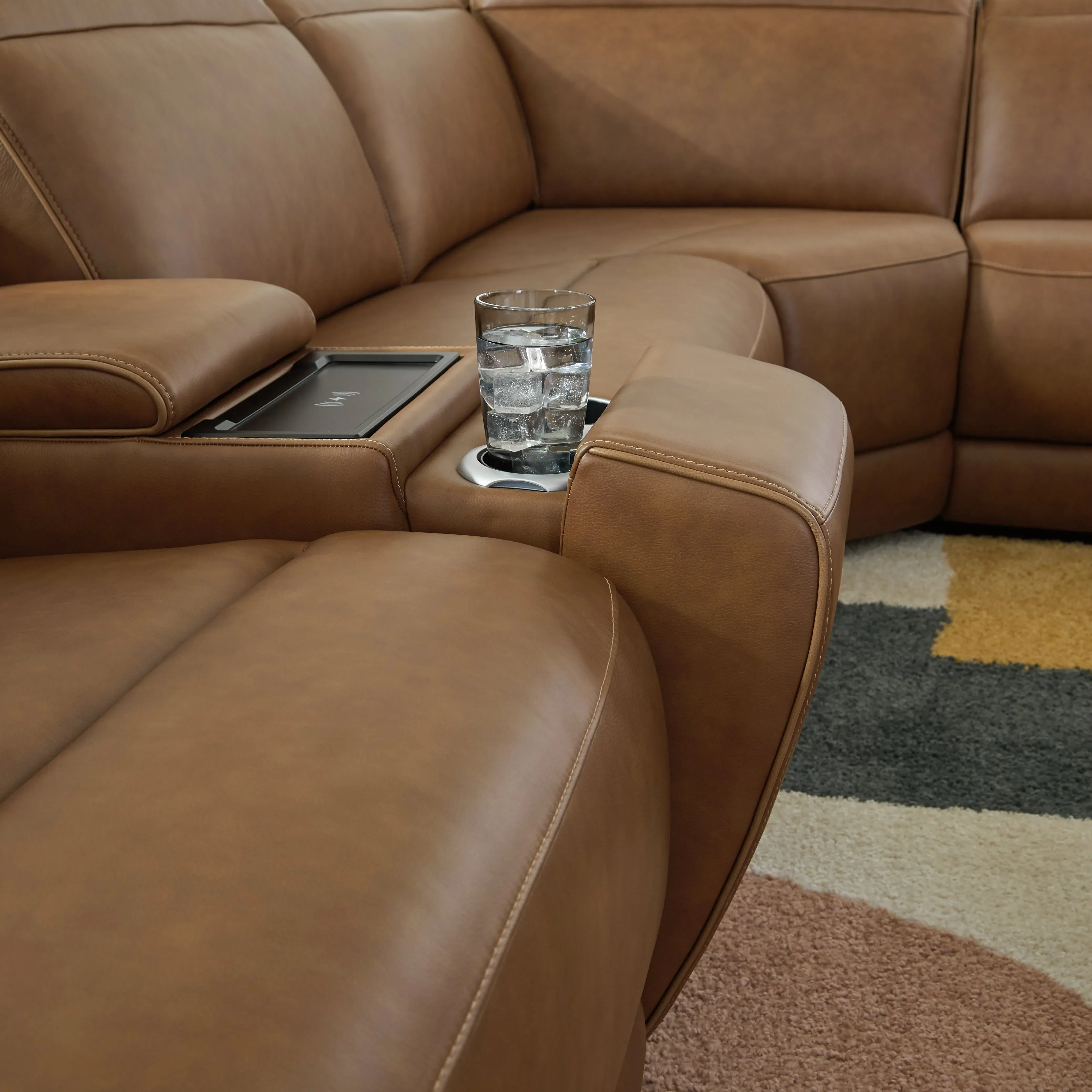 Magic Man Caramel 6-Piece Dual Power Leather Reclining Modular Sectional with Console - Image 4