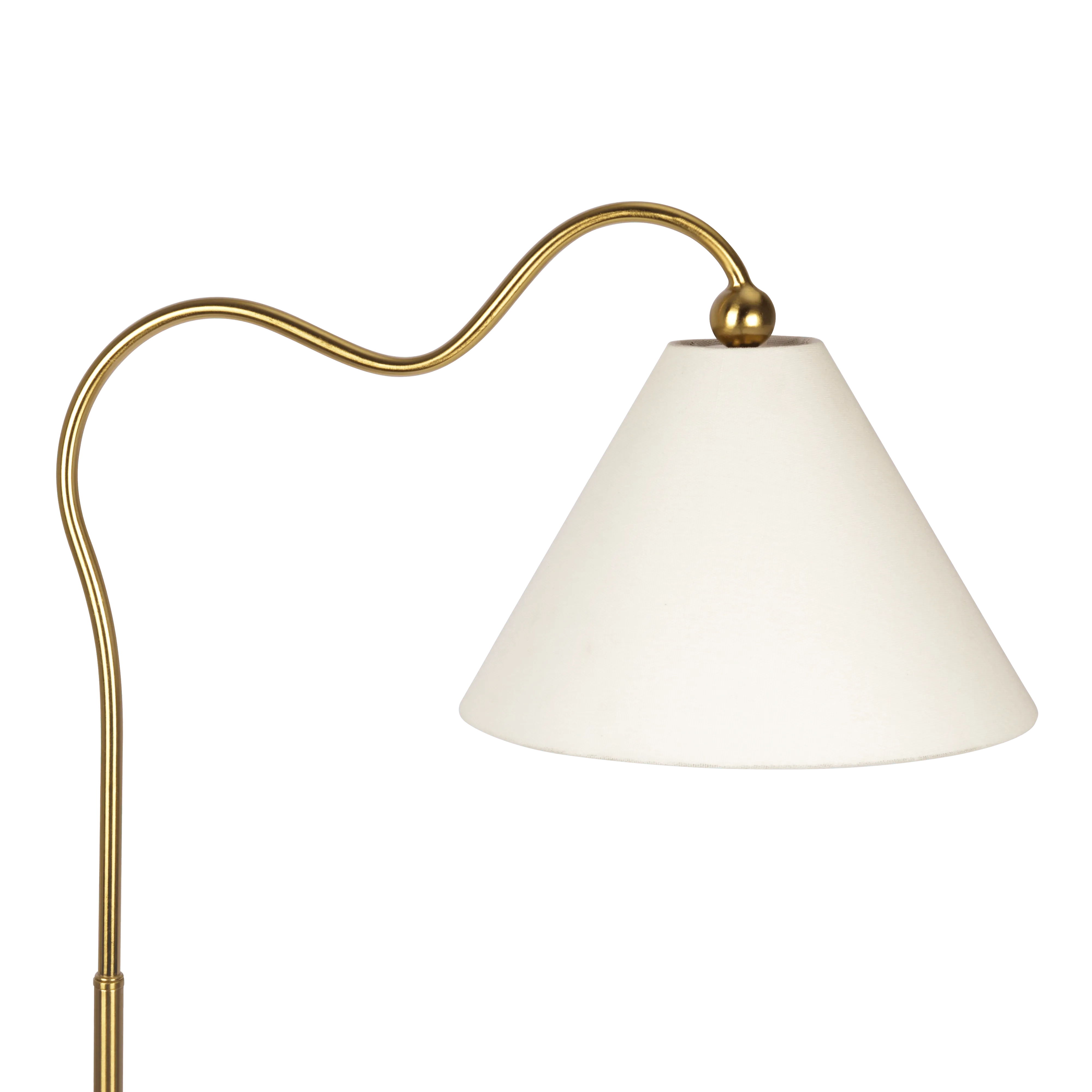 Majestic Brass Ring Base Curved Floor Lamp with Triangle White Drum Shade - Image 3