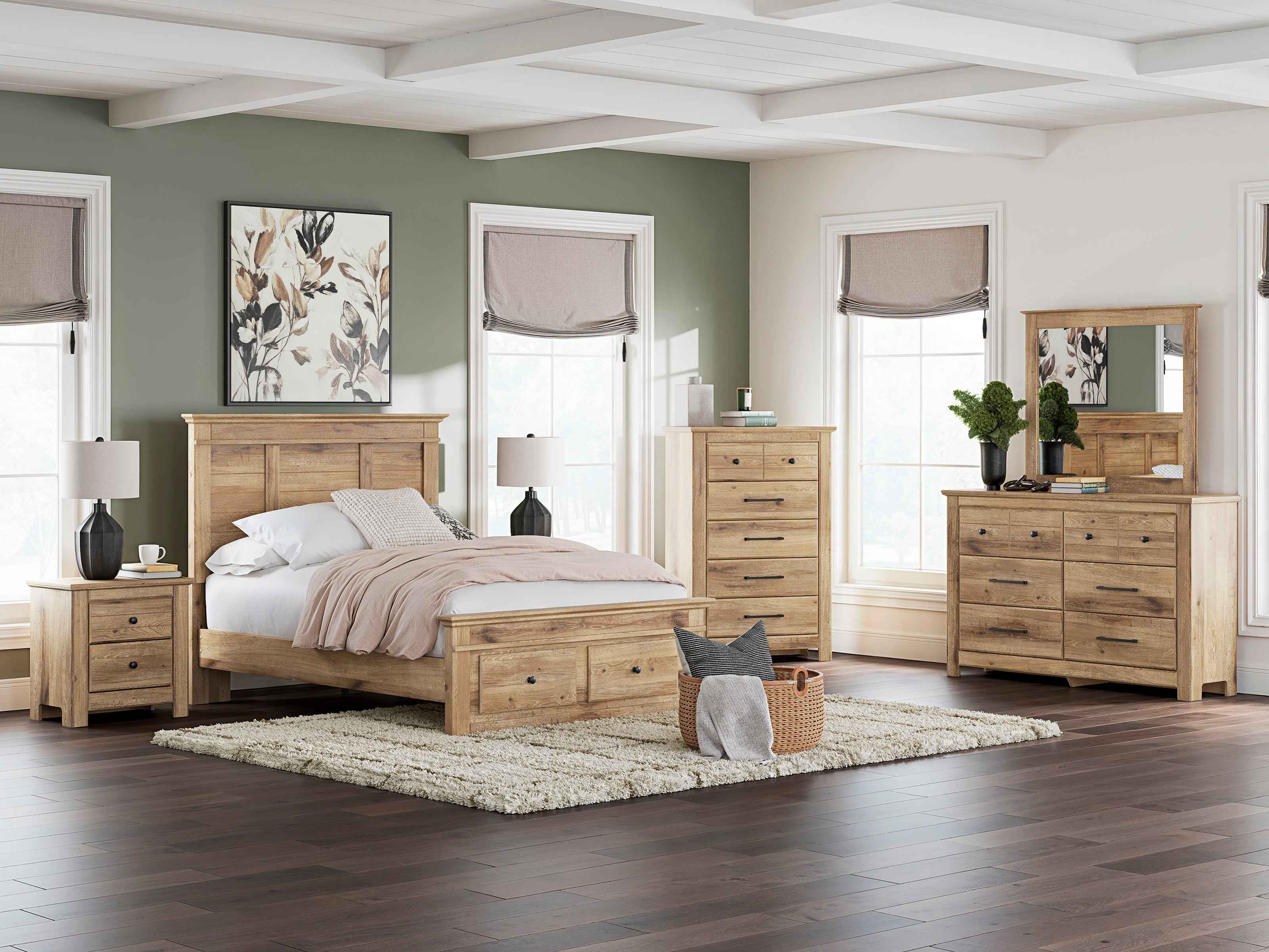Makidern Tan Footboard Storage Youth Panel Bedroom Set with 2 Footboard Drawers