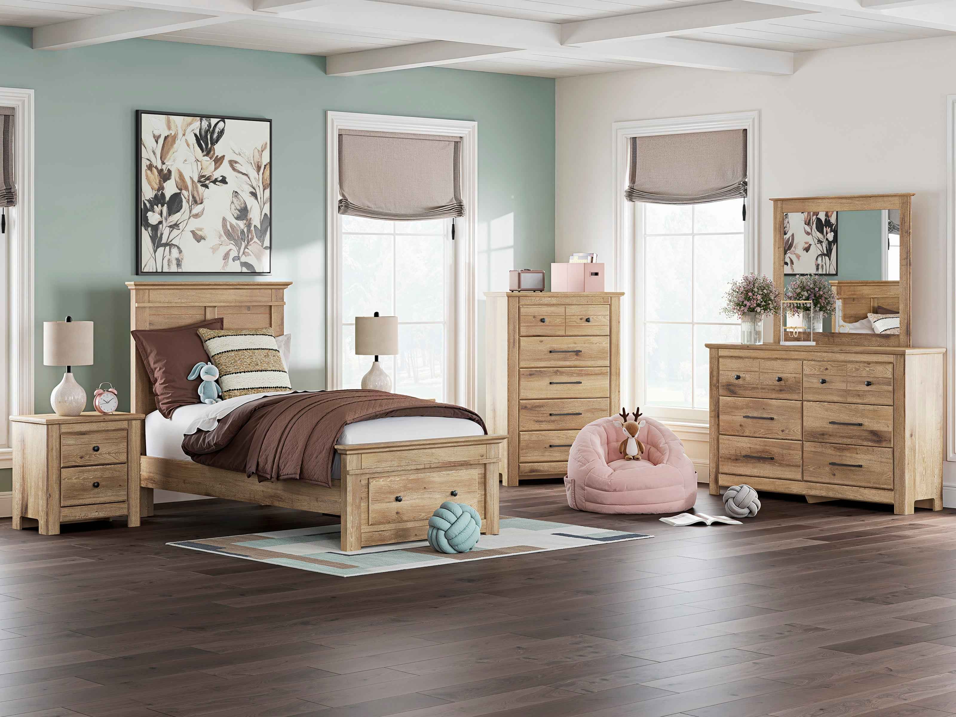 Makidern Tan Footboard Storage Youth Panel Bedroom Set with 2 Footboard Drawers - Image 2
