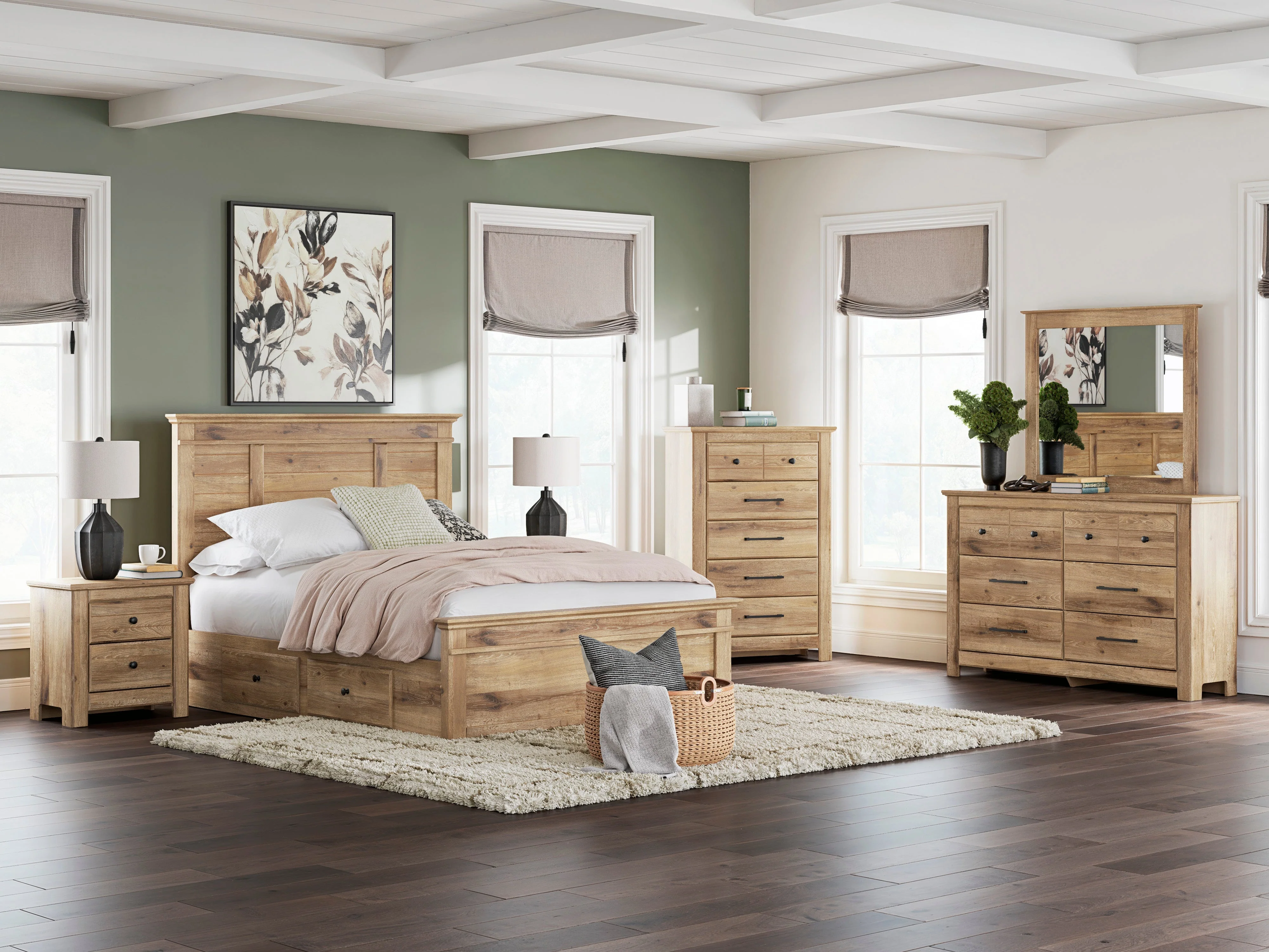 Makidern Tan Panel Storage Bedroom Set with 2 One-Side Drawers