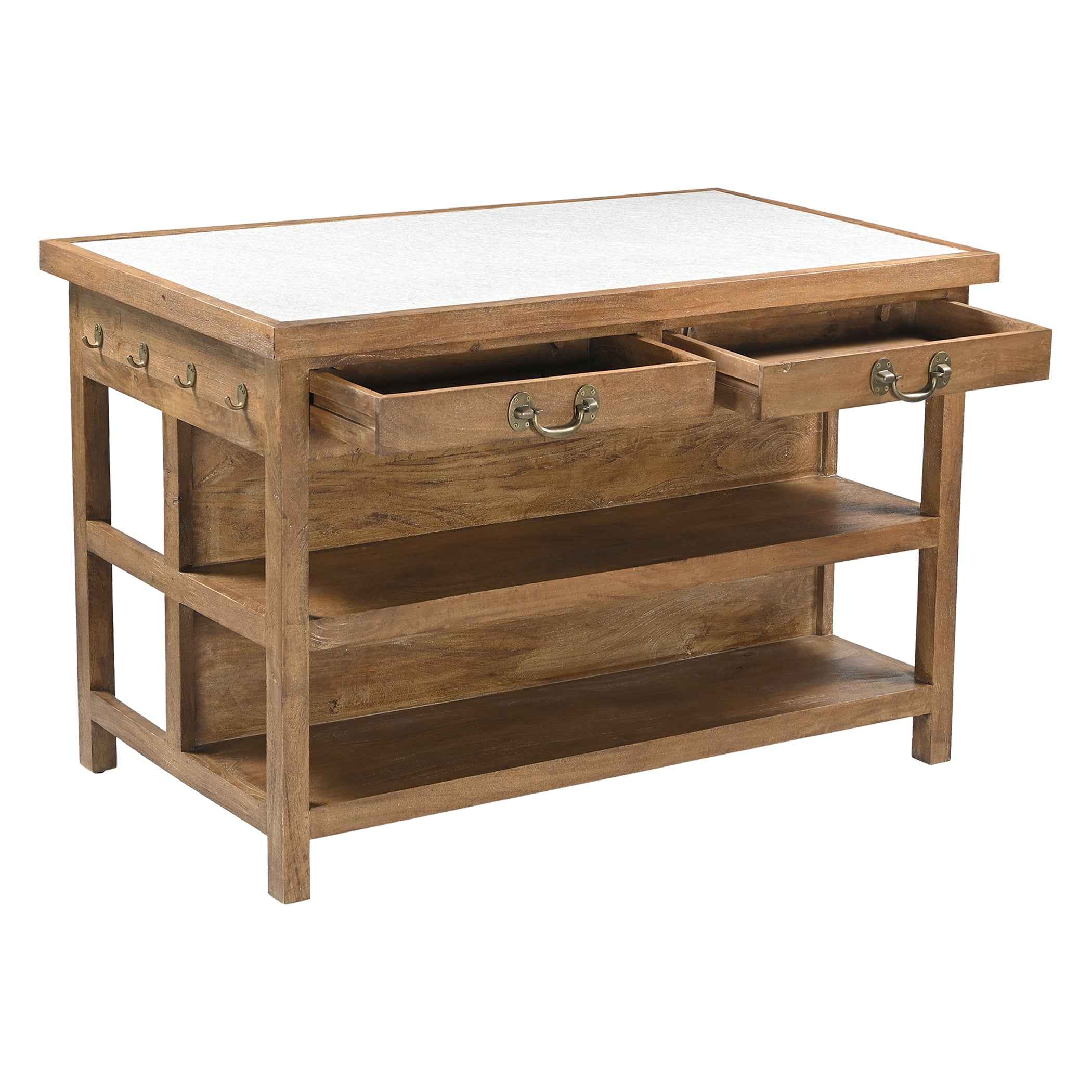 Manila 58" Kitchen Island Table with White Marble Top and Natural Mango Base - Image 2