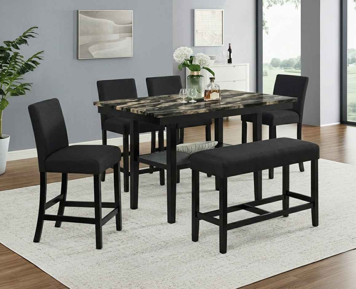 Marbel Black 6-Piece Faux Marble Counter Height Set