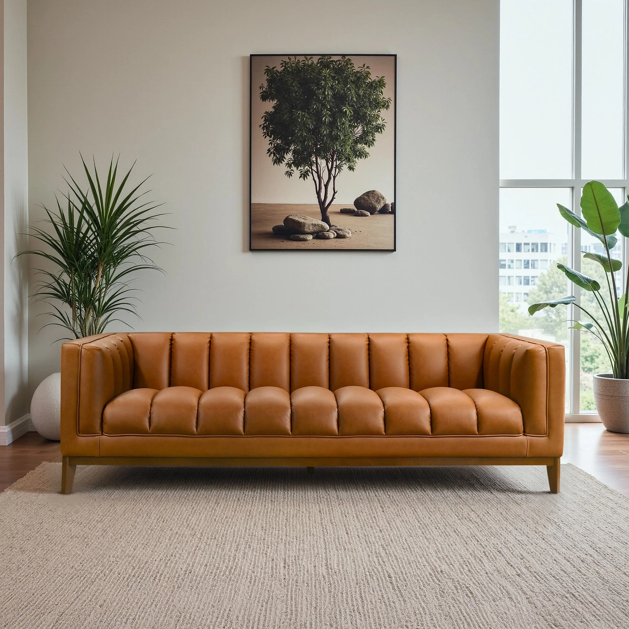 Melissa Mid-Century Cognac Vegan Leather Modern Sofa - Image 2