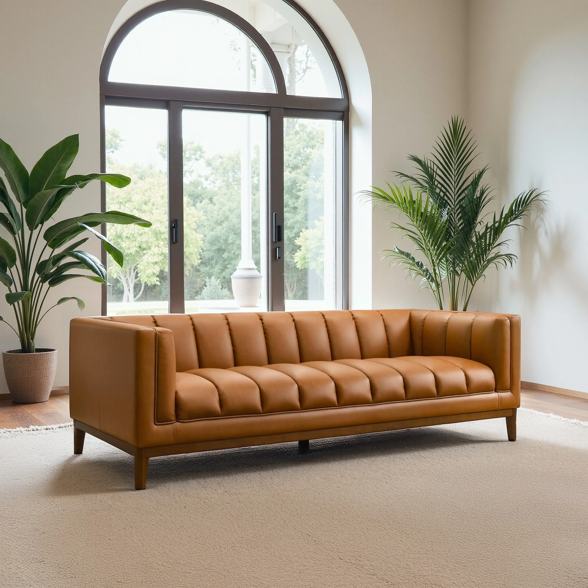 Melissa Mid-Century Cognac Vegan Leather Modern Sofa - Image 4