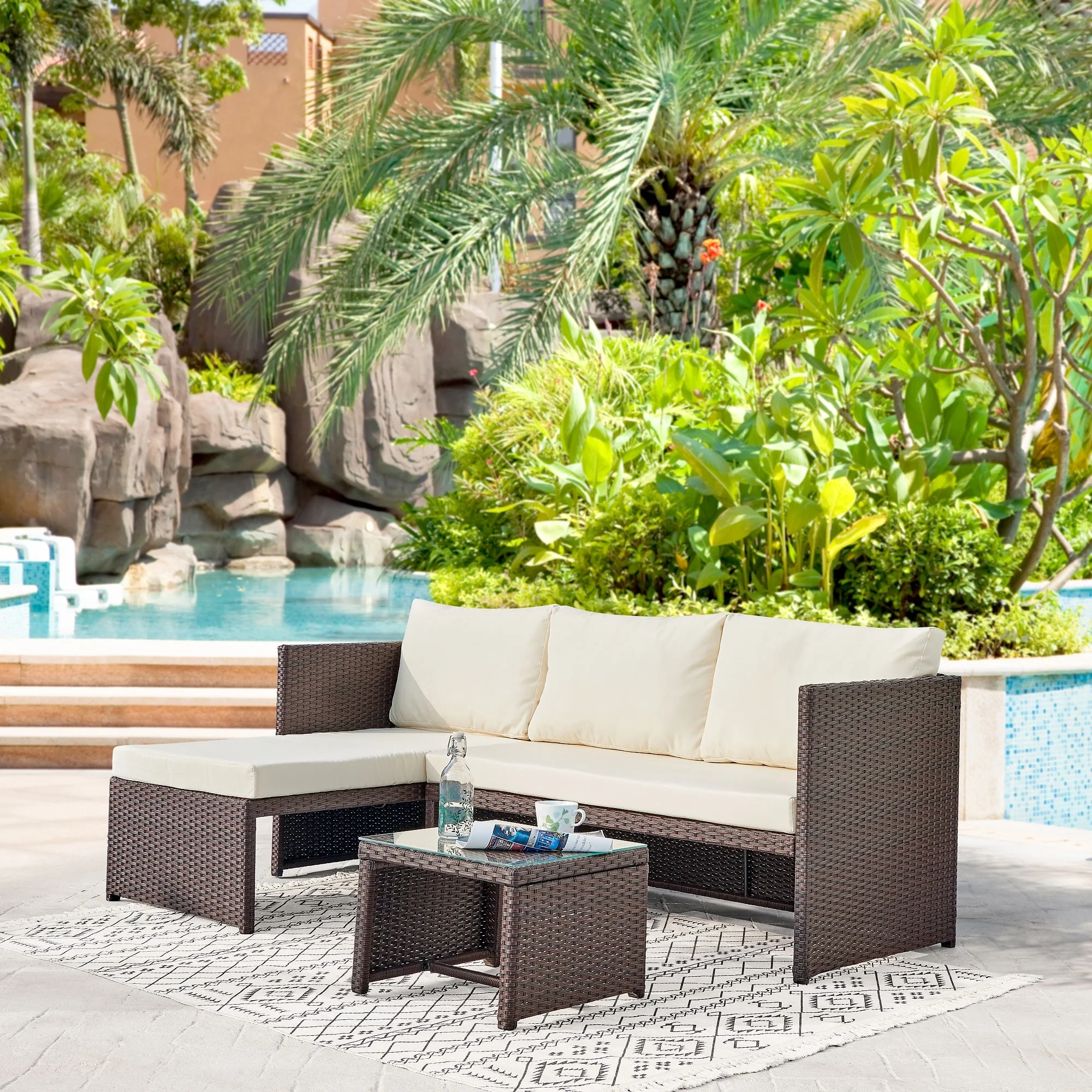 Menton Patio 2-Seater and Lounge Chair with Coffee Table with Cream Cushions - Image 2
