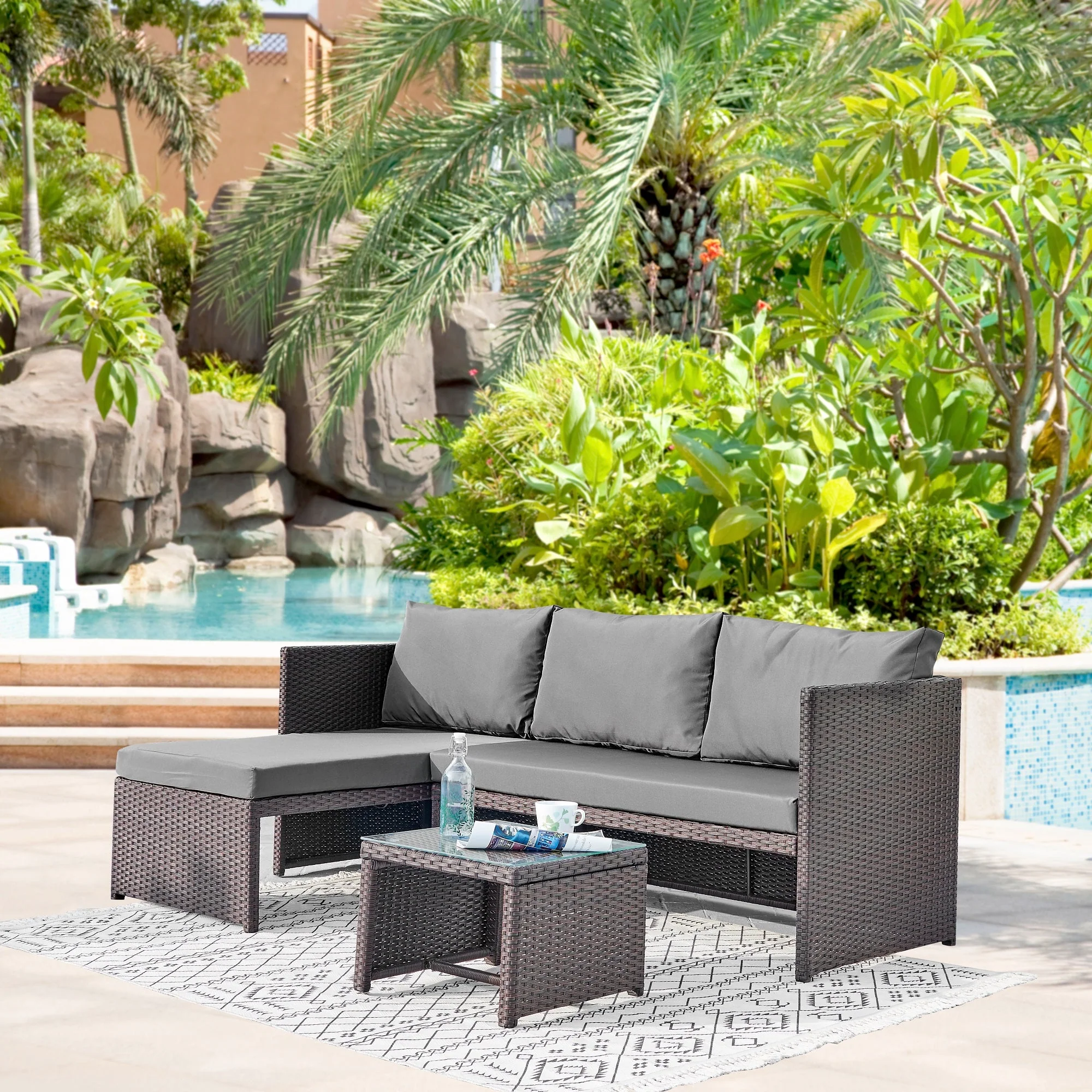 Menton Patio 2-Seater and Lounge Chair with Coffee Table with Grey Cushions - Image 2