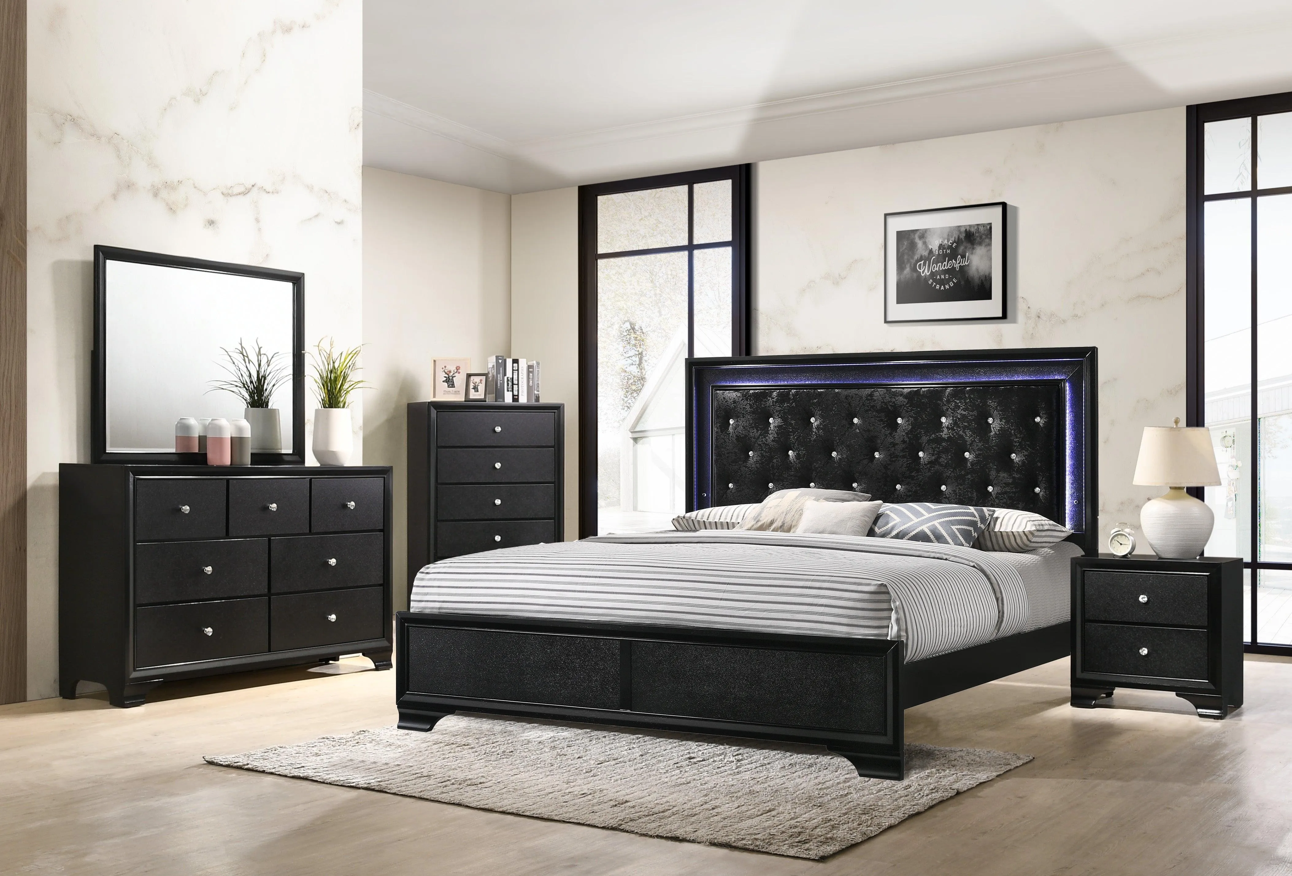 Micah Black LED Upholstered Panel Bedroom Set - Image 2