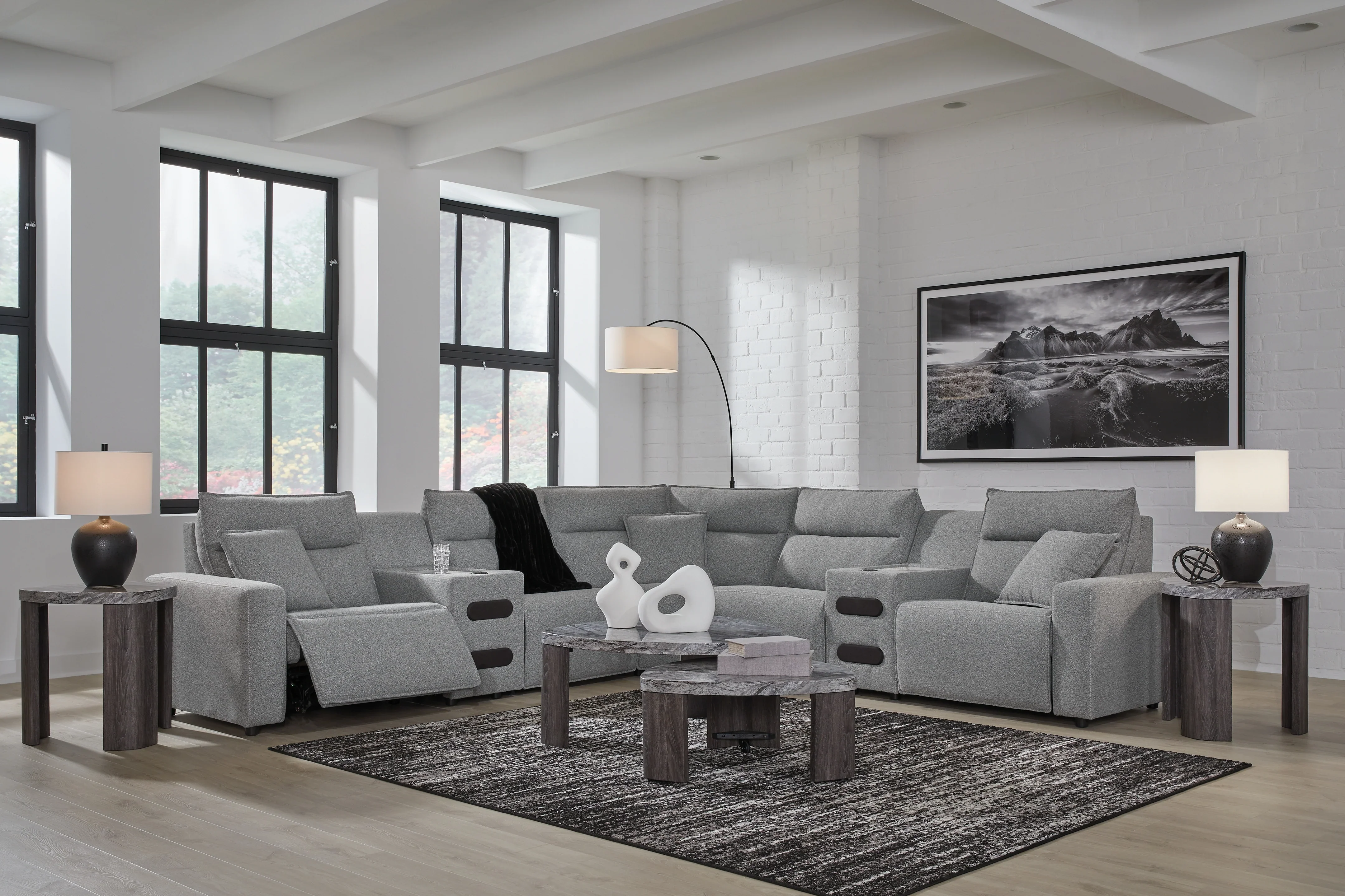 Modmax II Salt and Pepper 7-Piece Power Reclining Sectional with 2 Audio Consoles - Image 3