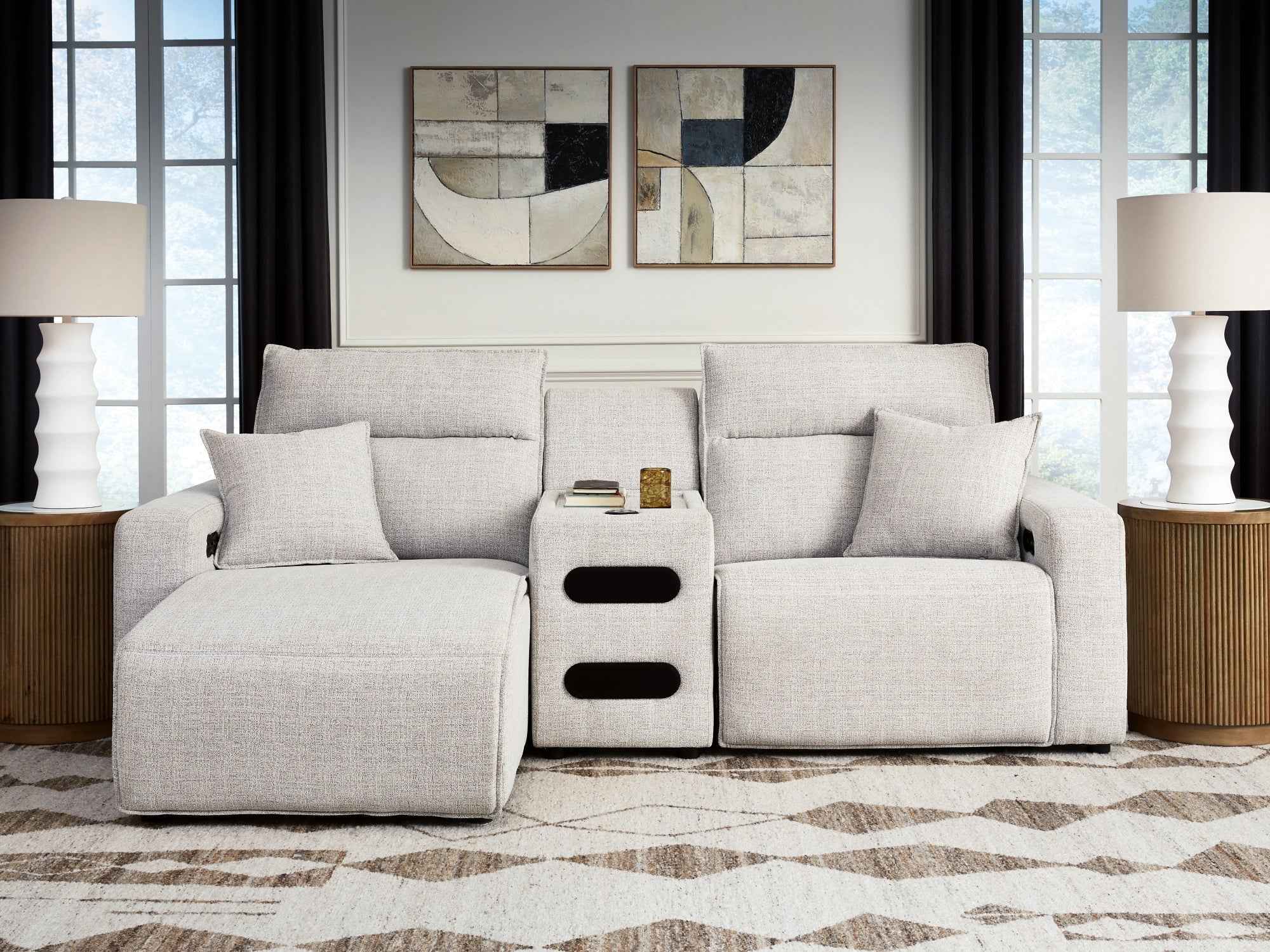 ModMax II Stone 3-Piece Power Reclining Sectional with Chaise and Audio Console