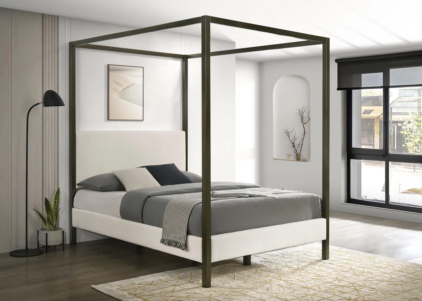 Monroe Vanilla and Black Upholstered Eastern King Canopy Platform Bed