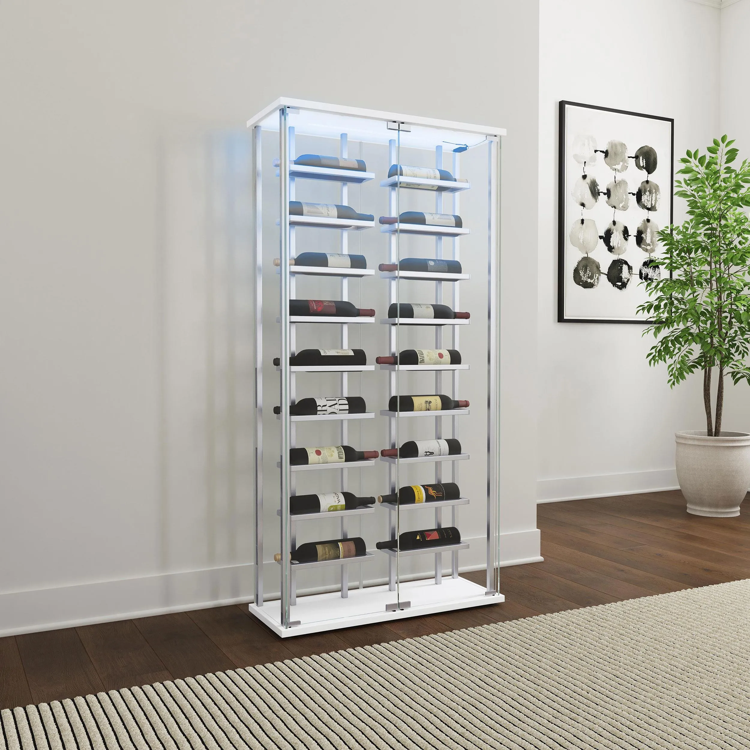 Montara Chrome Tempered Glass Wine Storage Display Curio Cabinet with LED Lighting - Image 2