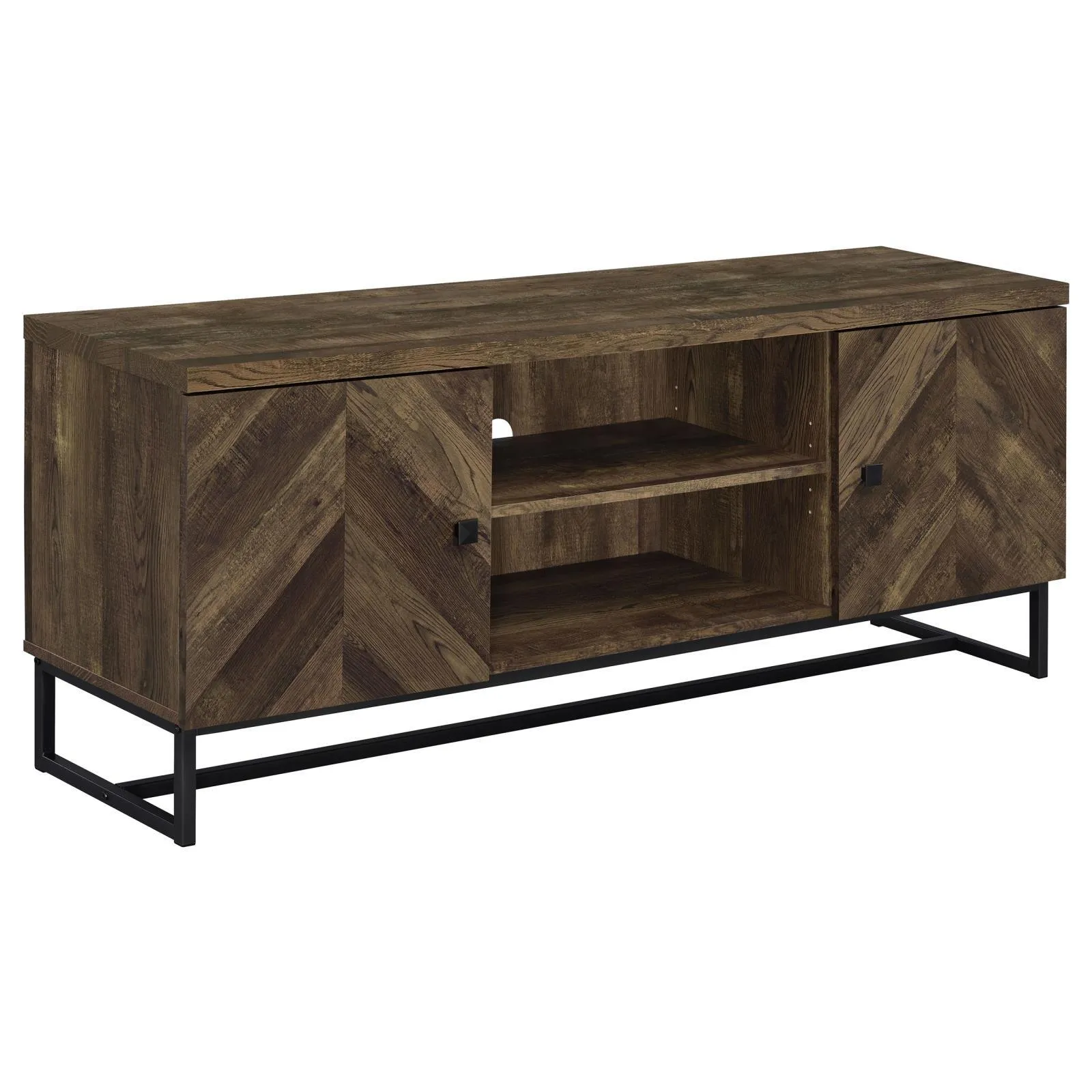 Myles Rustic Oak Herringbone 2-Door TV Console with Adjustable Shelves Rustic Oak Herringbone - Image 2