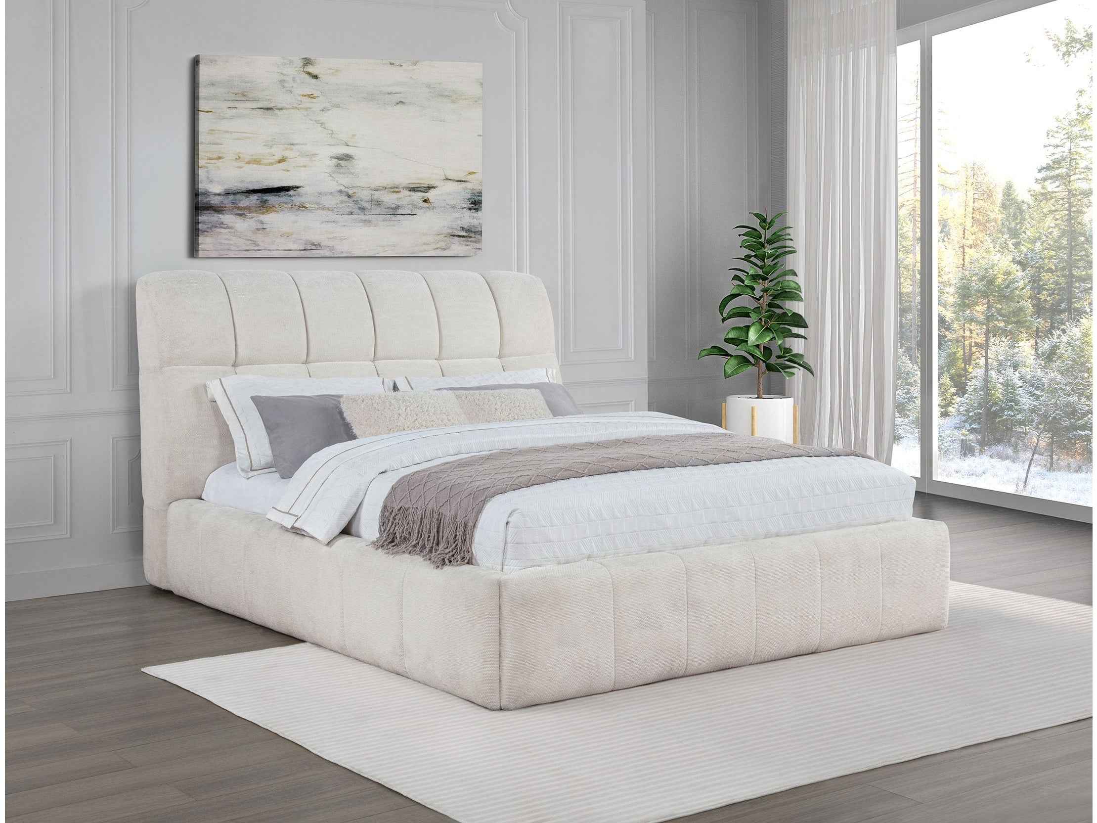 Nollet Cream 48-inch Upholstered Queen Panel Platform Bed
