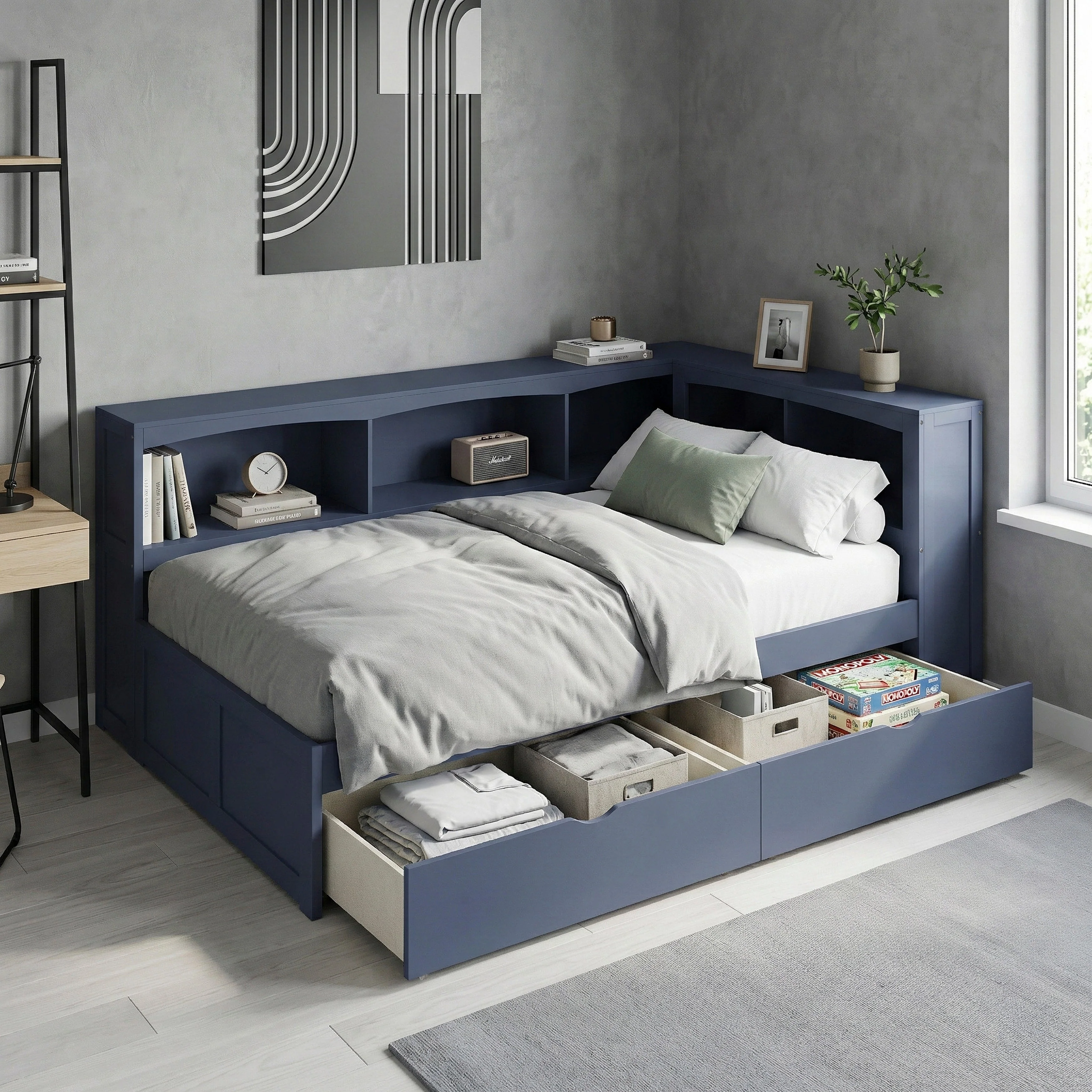 Nora Blue Twin Bookcase Corner Platform Bed - Image 17