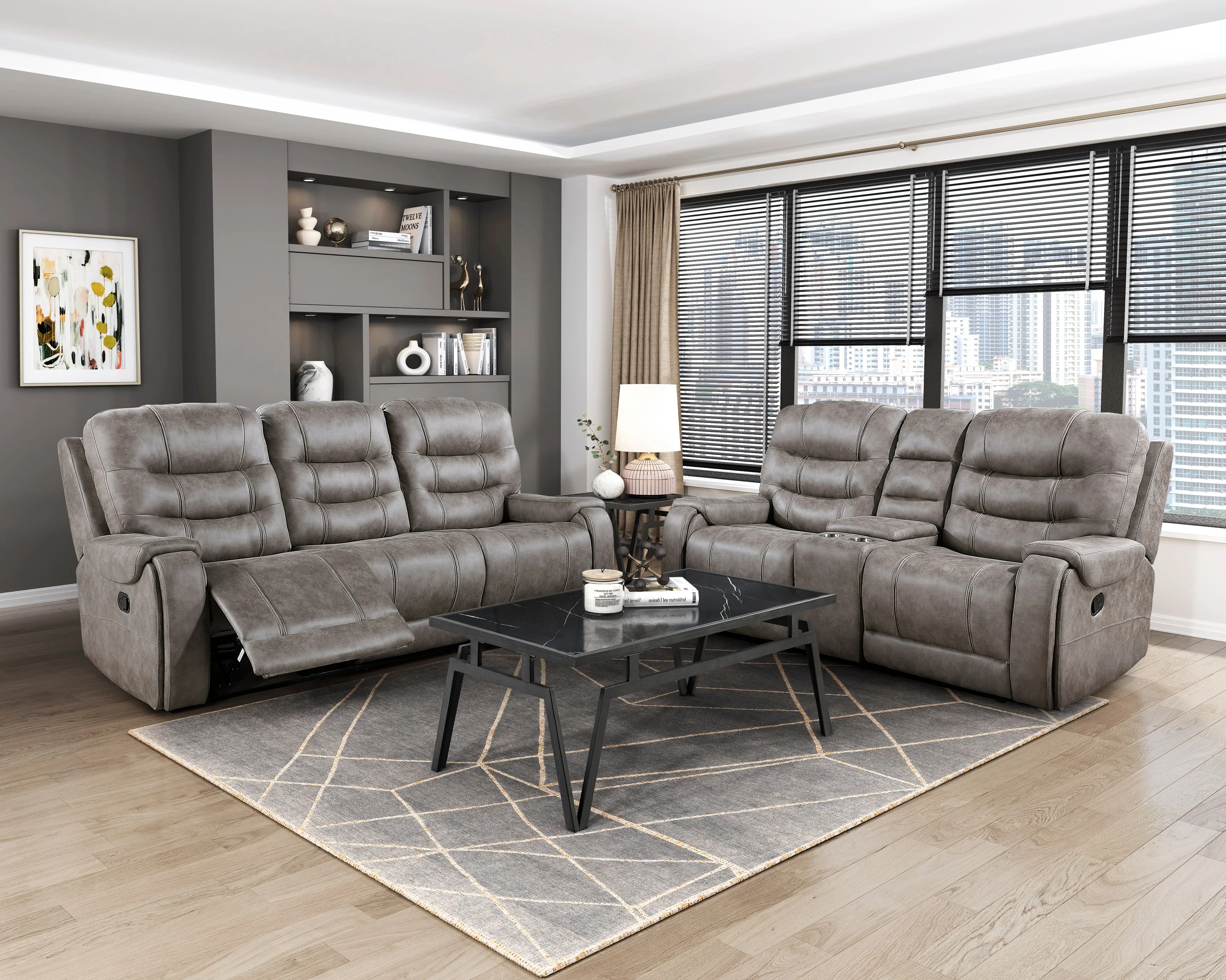 Oberon Grayish Brown Double Reclining Living Room Set