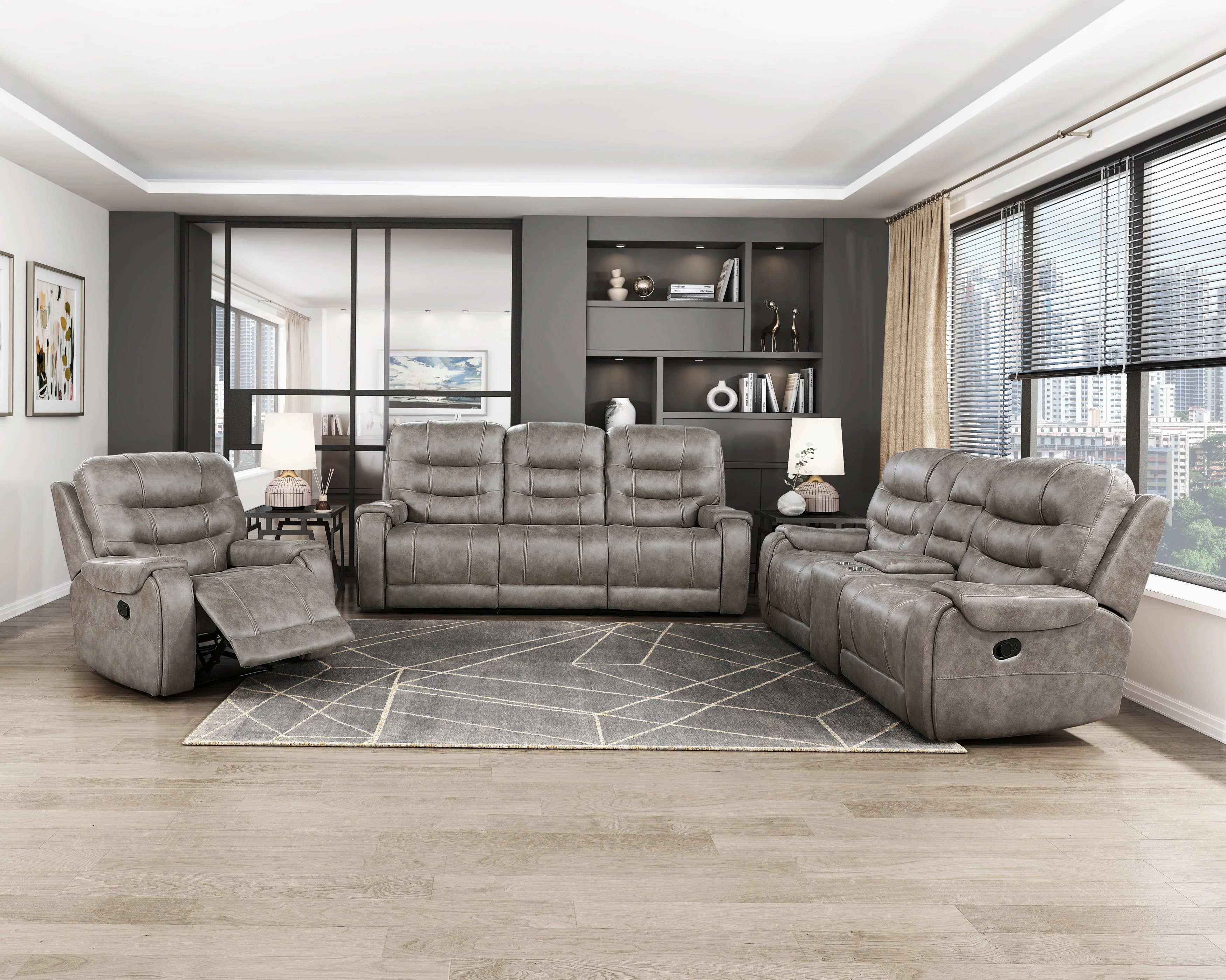 Oberon Grayish Brown Double Reclining Loveseat with Center Console - Image 7
