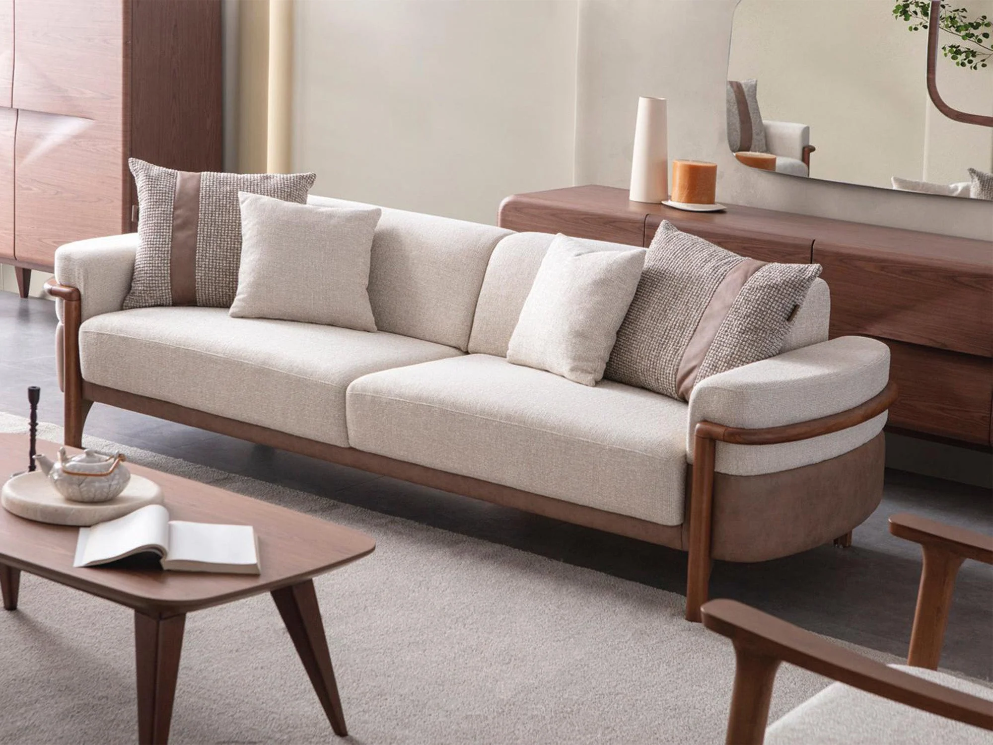 Odin 4-pieces (4 Seater Sofa & 3 Seater Sofa & 2 Chair) Livingroom Set Cream - Image 10
