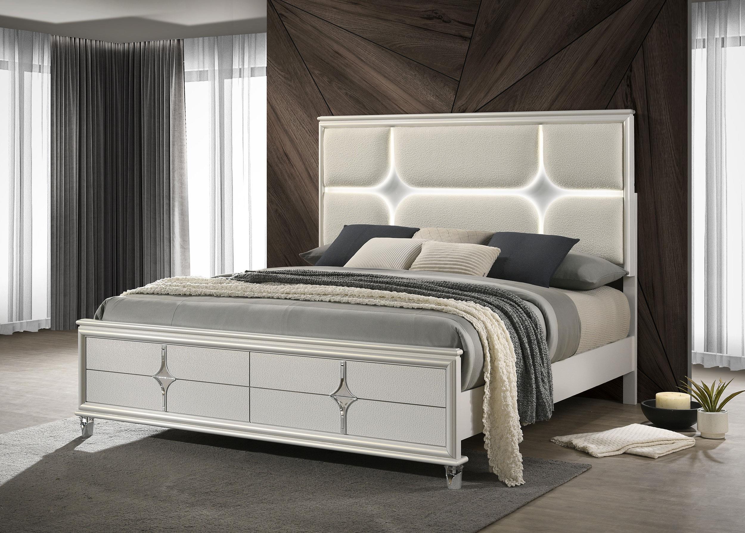 Olivia Pearl White Eastern King Panel Bed LED Headboard