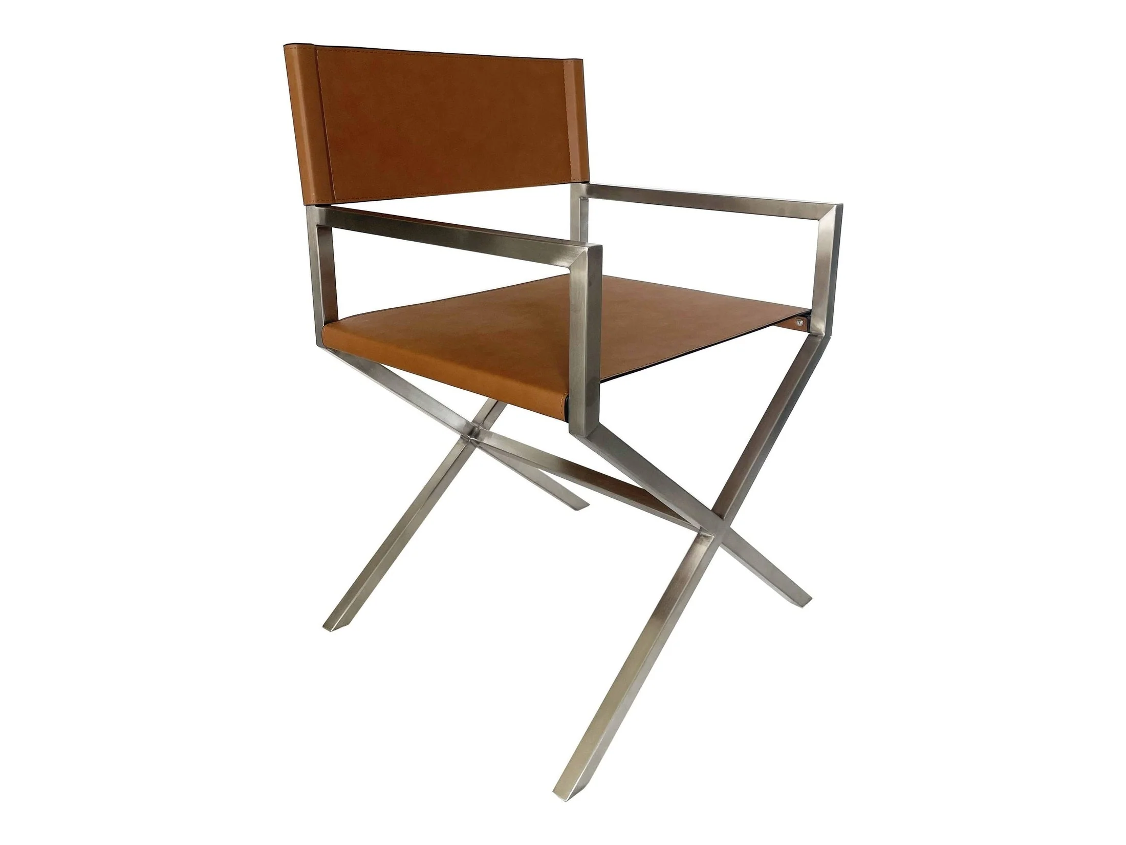 One Modern Coastal Director's Dining Arm Chair in Cognac and Brushed Stainless Steel (Set of 2)