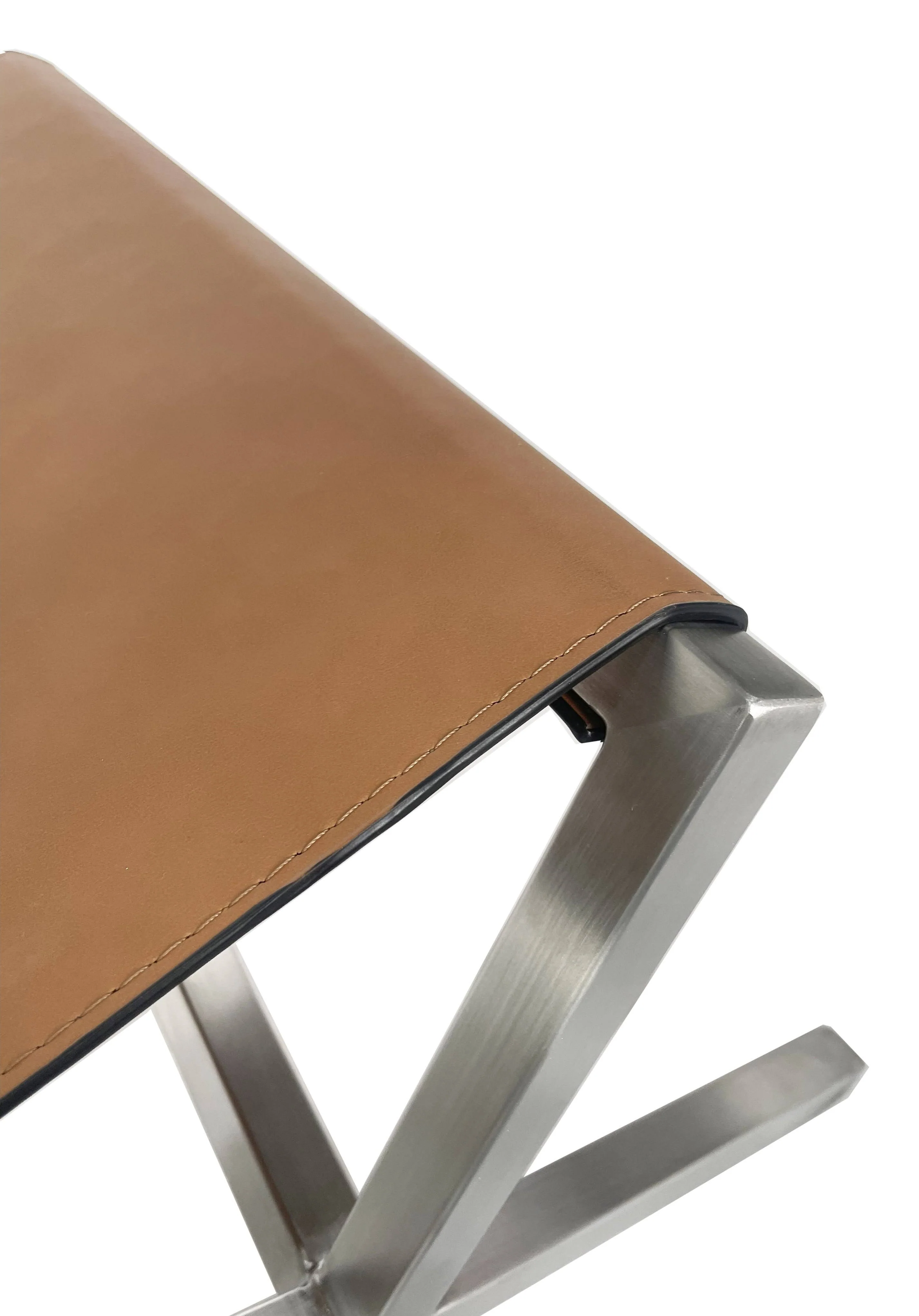 One Modern Coastal Director's Style Leather Dining Bench in Cognac and Brushed Stainless Steel - Image 2