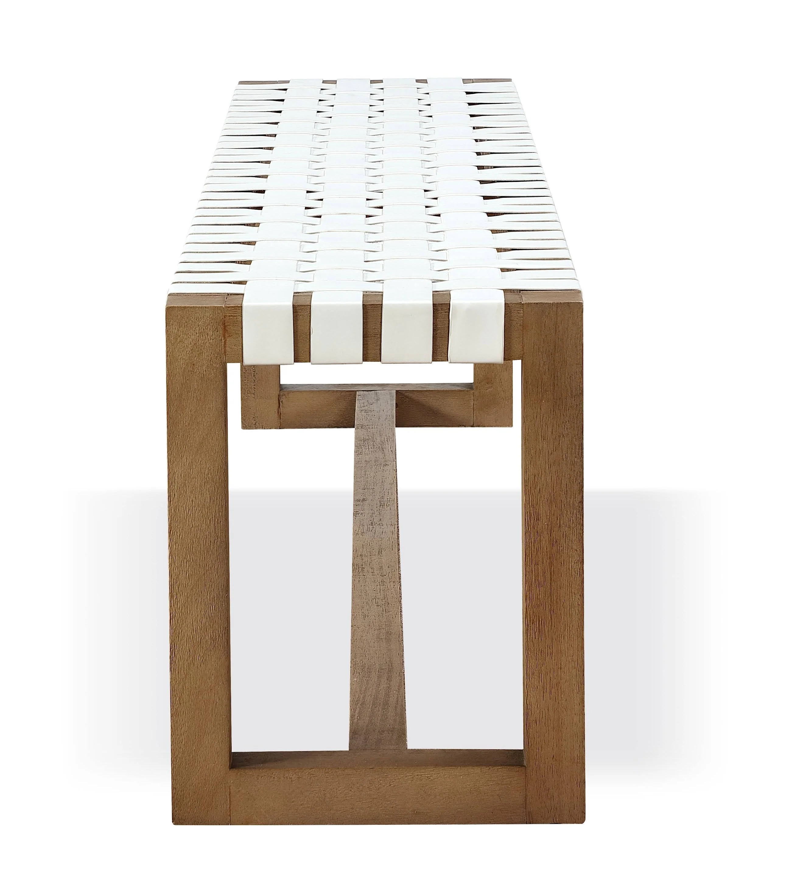 One Woven Leather and Solid Wood Dining Bench in White and Bisque - Image 2