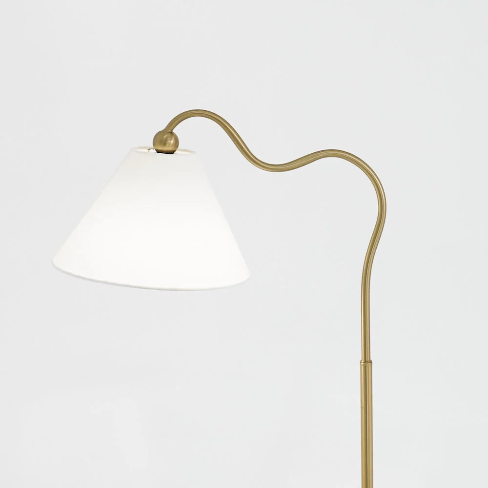 Ornate Brass Ring Base Curved Table Lamp with Triangle White Drum Shade - Image 4