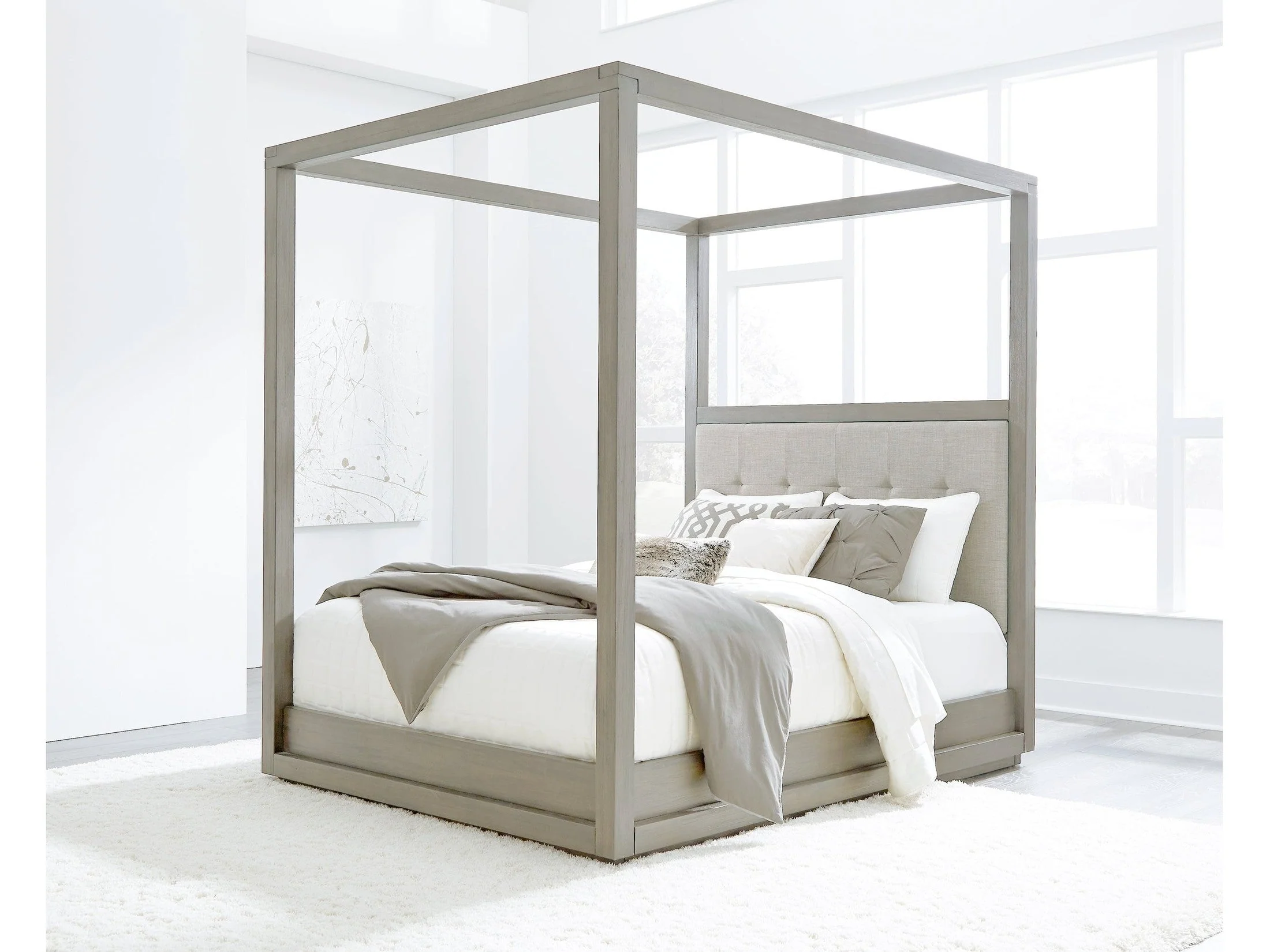 Oxford Upholstered Eastern King Canopy Bed in Mineral