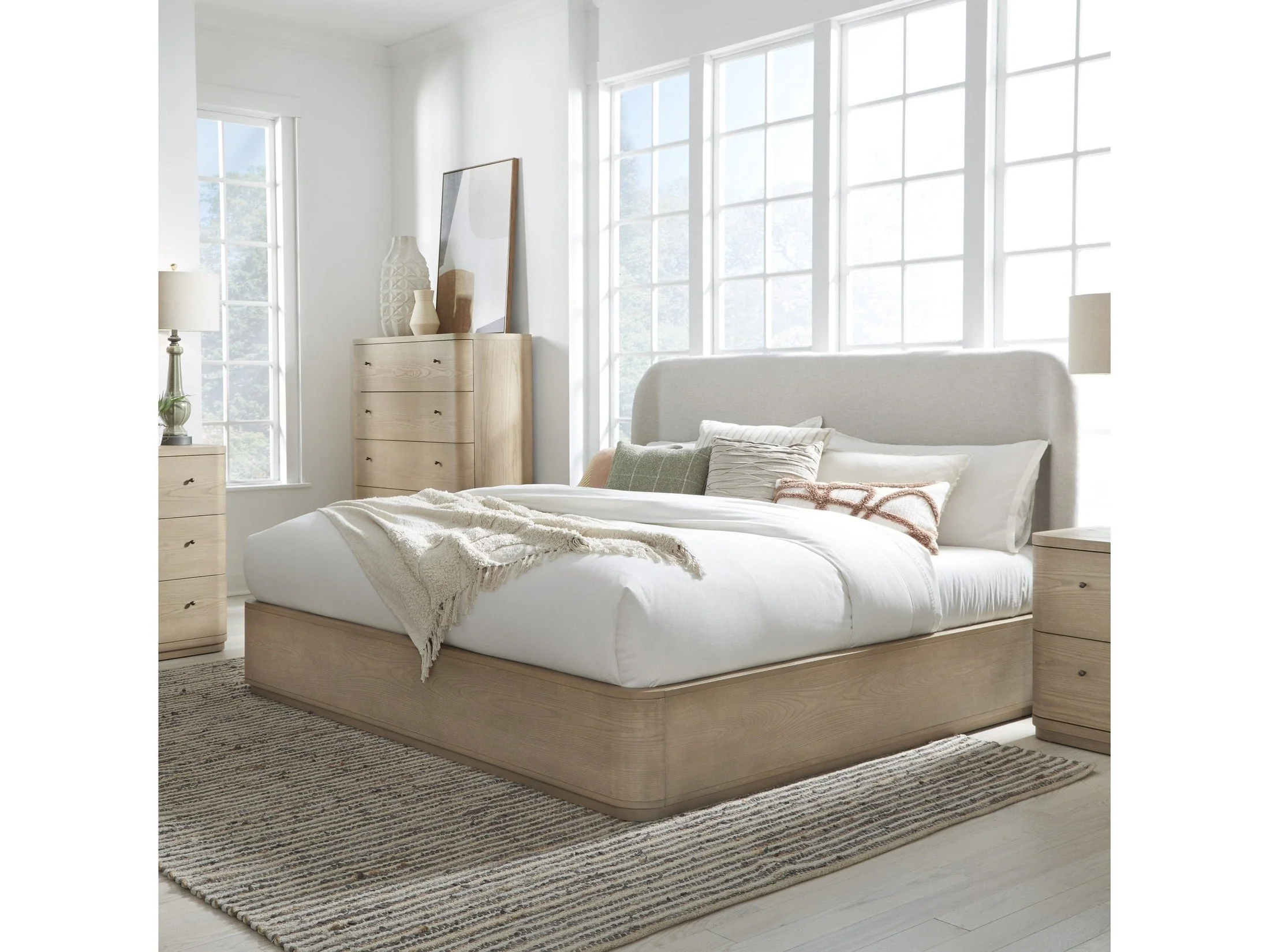 Penny Full Upholstered Platform Bed in Buff Cream Ash and Oatmeal Linen