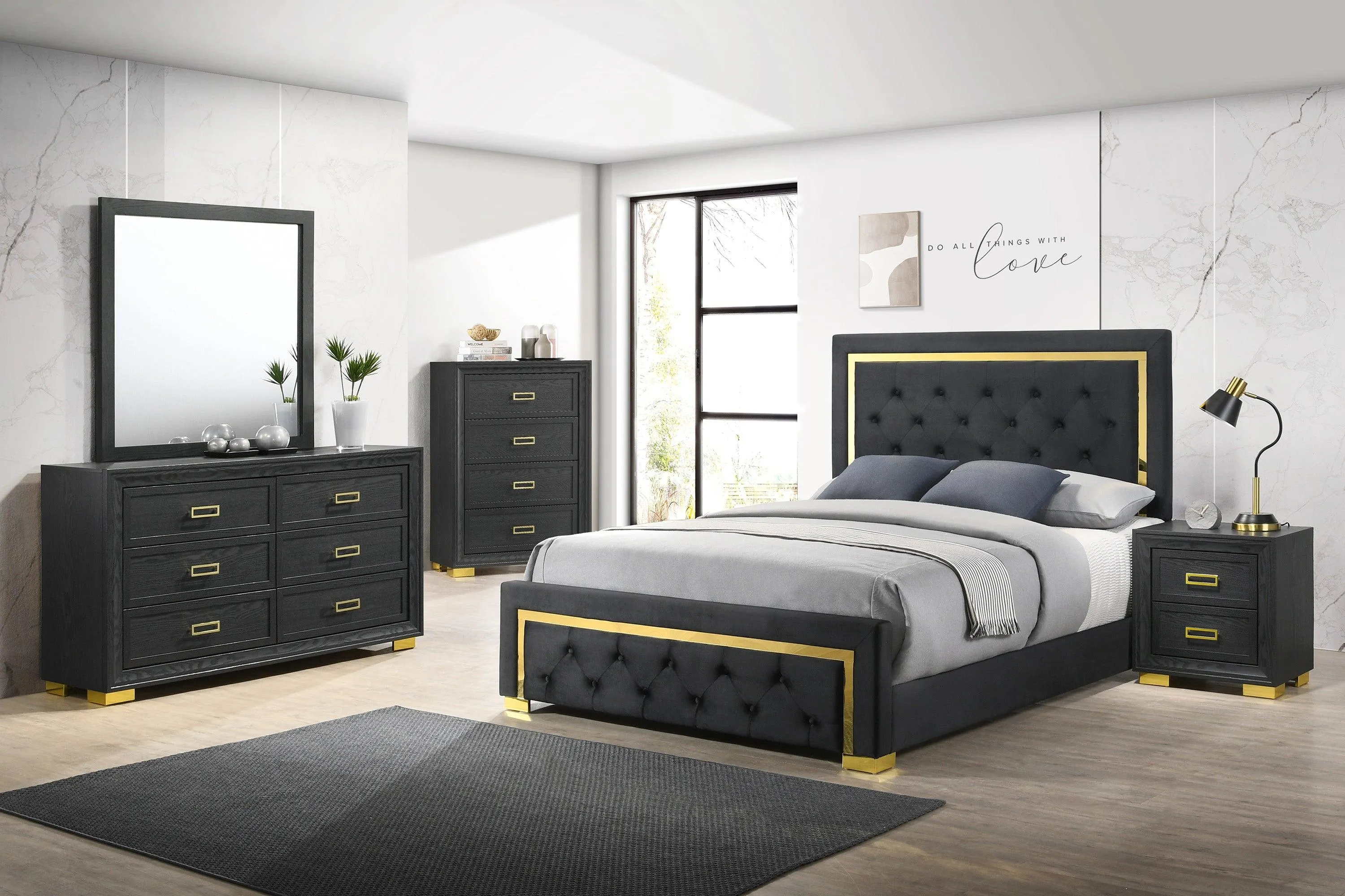 Pepe Black and Gold Queen Panel Upholstered Bed - Image 2