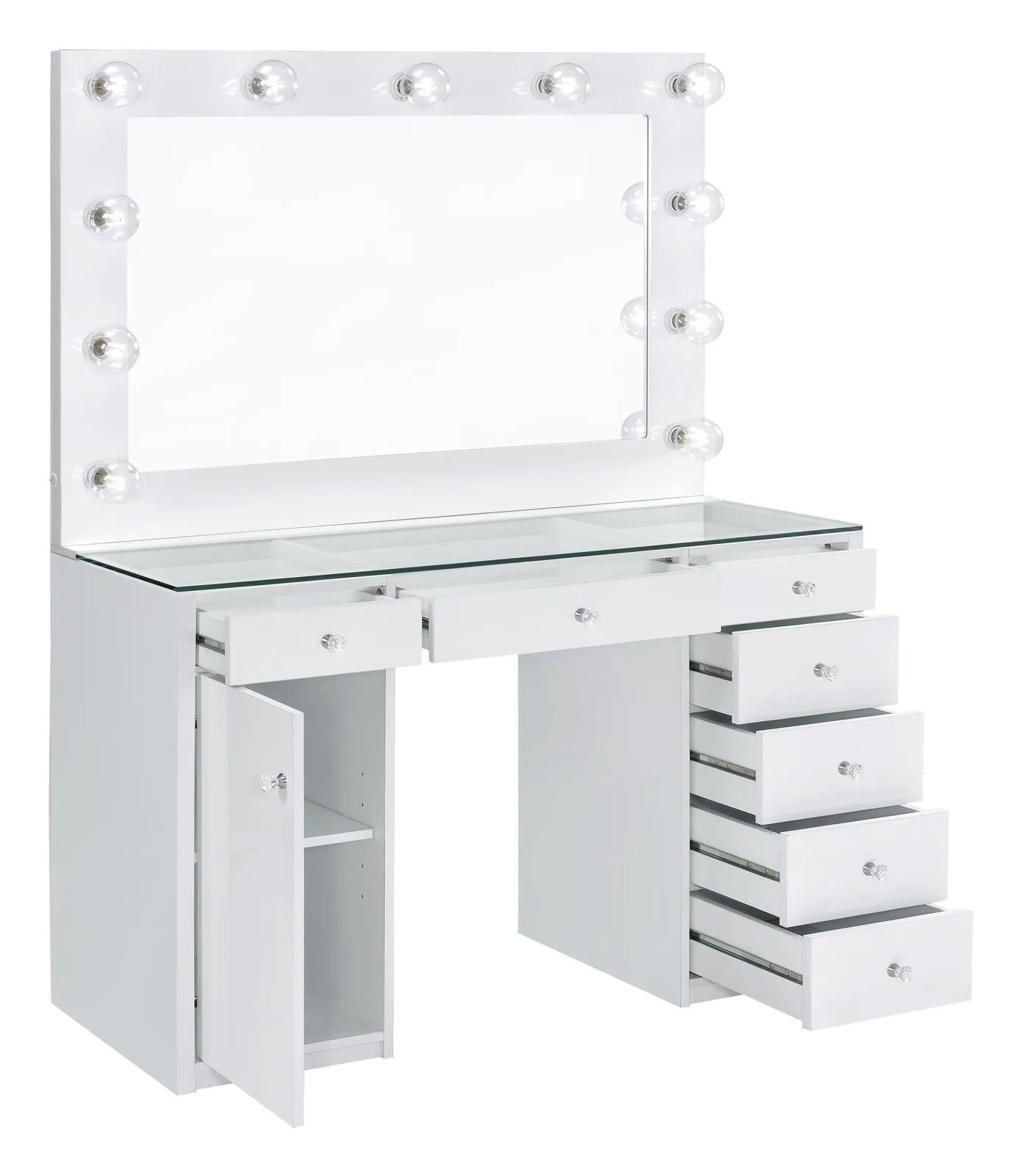 Percy White 7-Drawer Glass Top Vanity Desk with Lighting - Image 3
