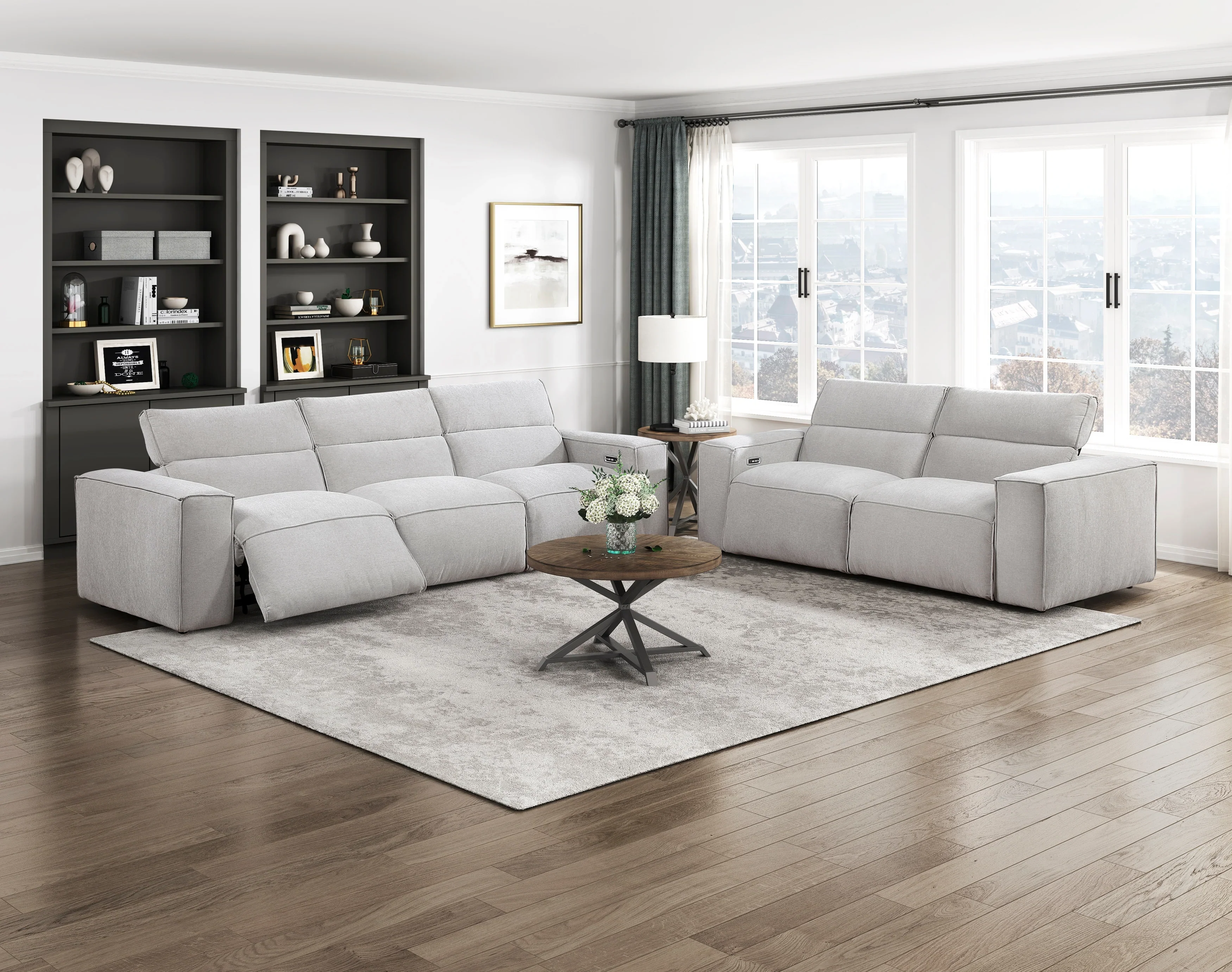 Phoebe Light Gray Power Reclining Sofa and Loveseat