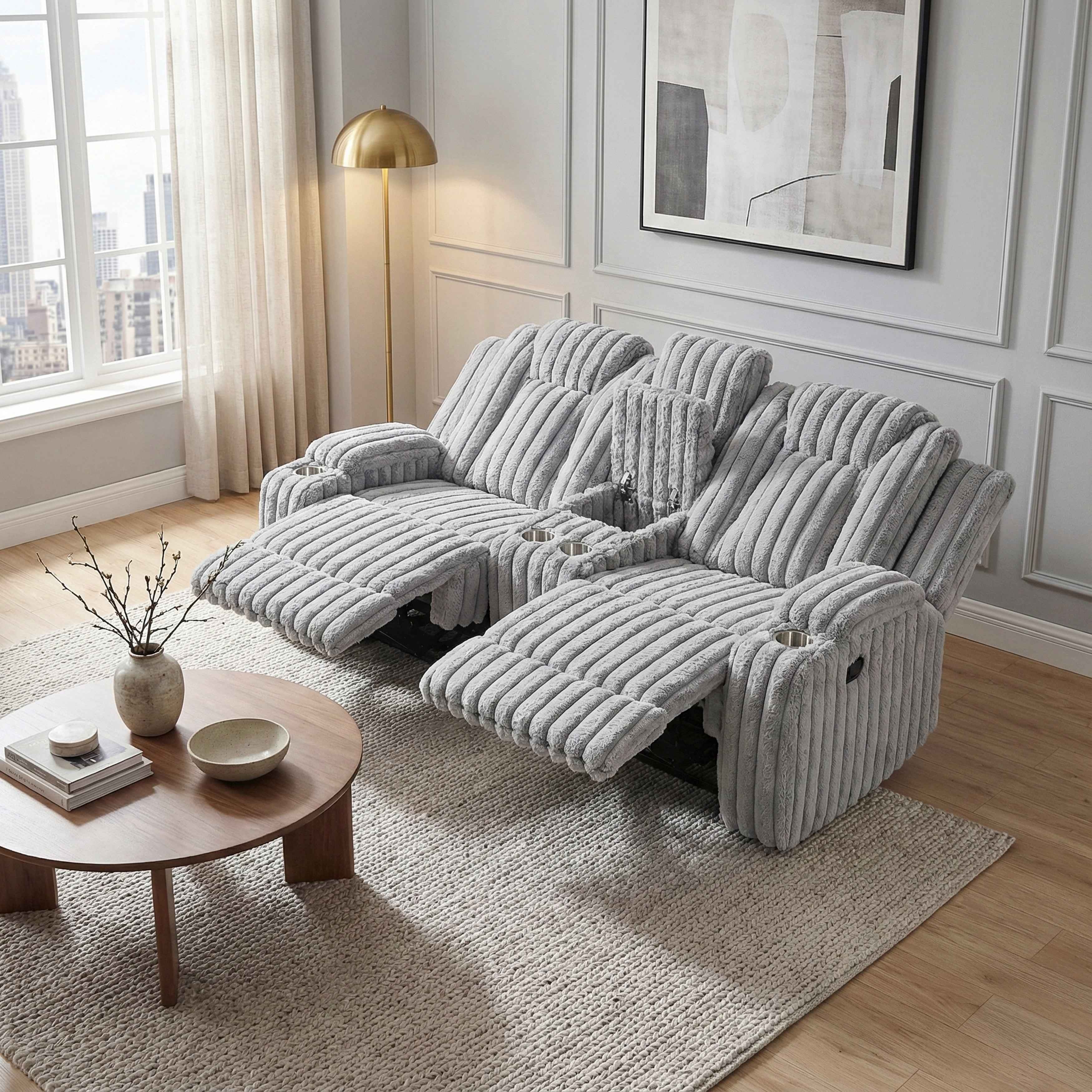 Phyllis Light Gray Double Reclining Loveseat with Center Console - Image 14