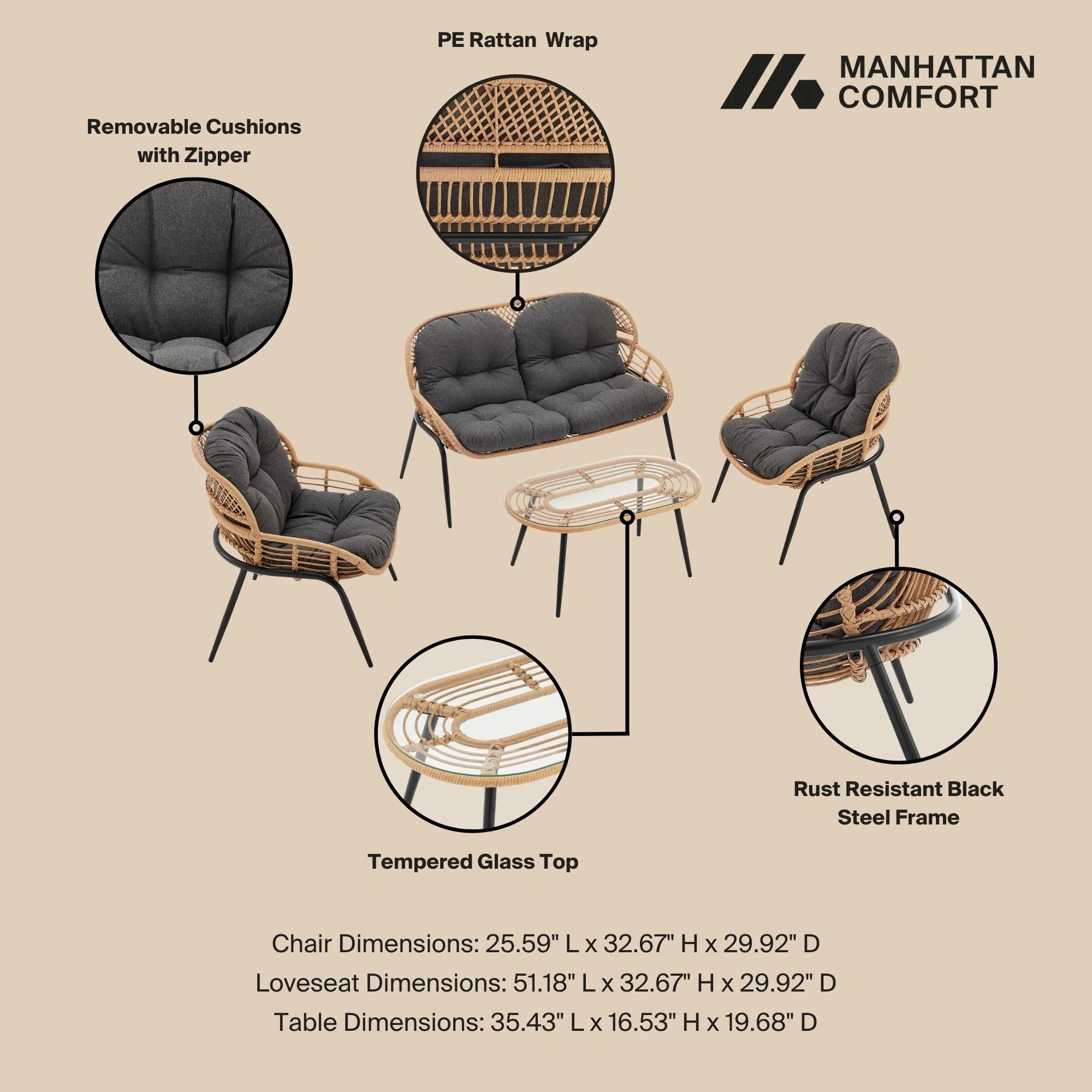 Pine 4-Piece Patio Conversation Set in Grey - Image 4