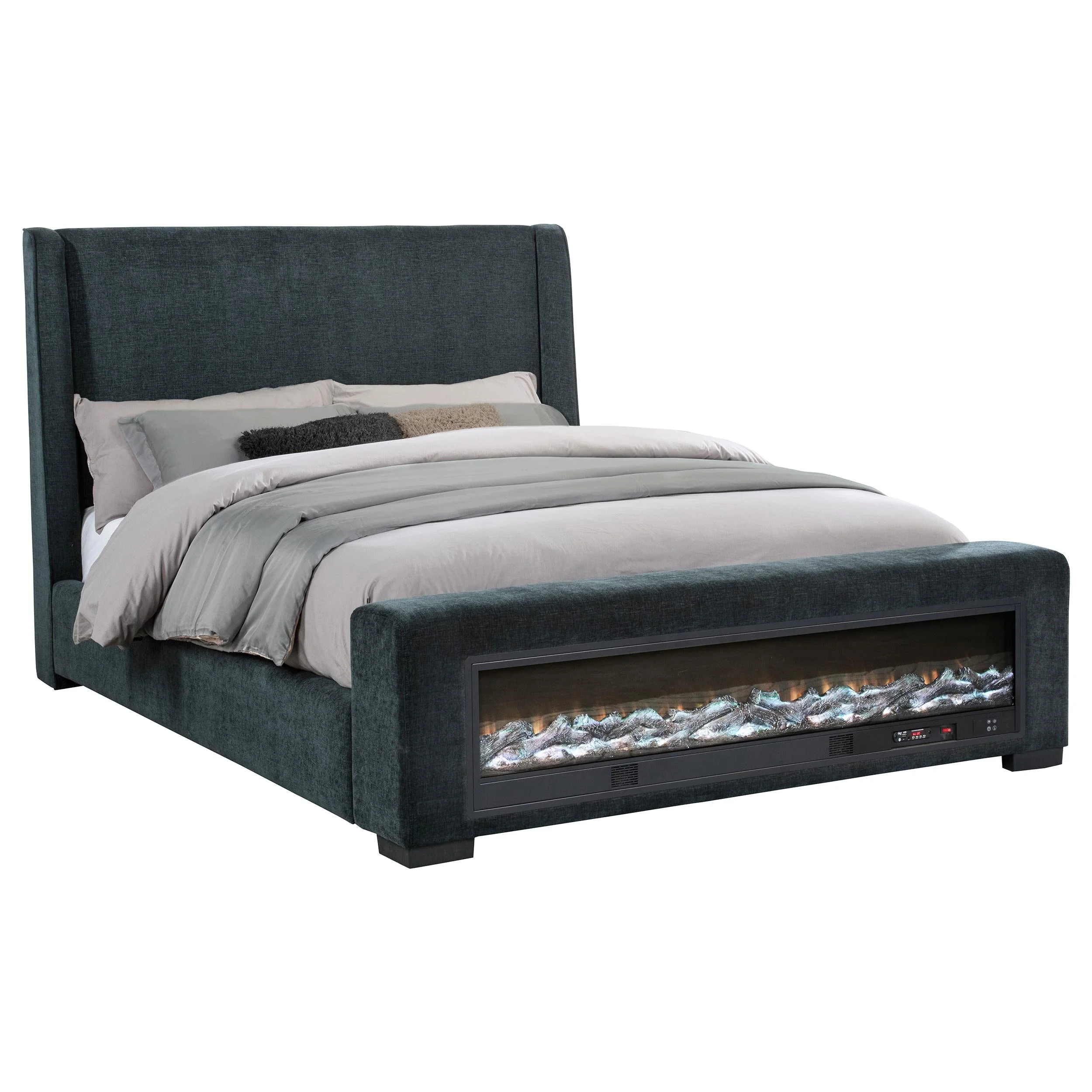 Preston Blue Upholstered Eastern King Audio Fireplace Bed - Image 2