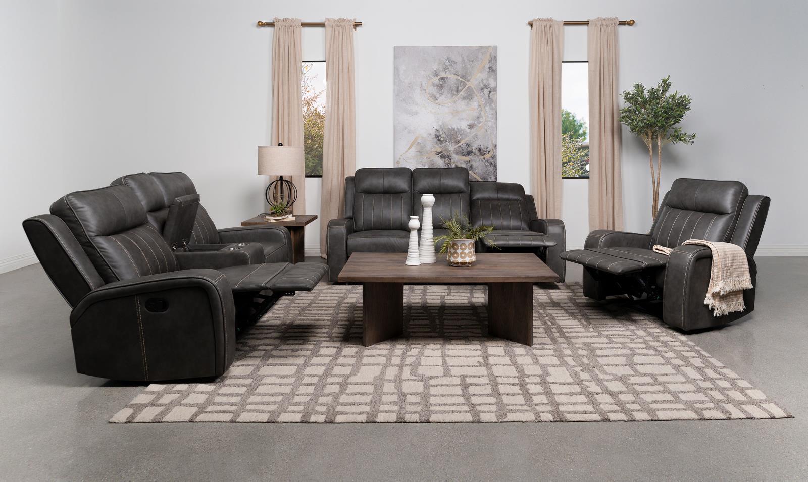 Raelynn Grey Upholstered Motion Reclining Sofa - Image 10