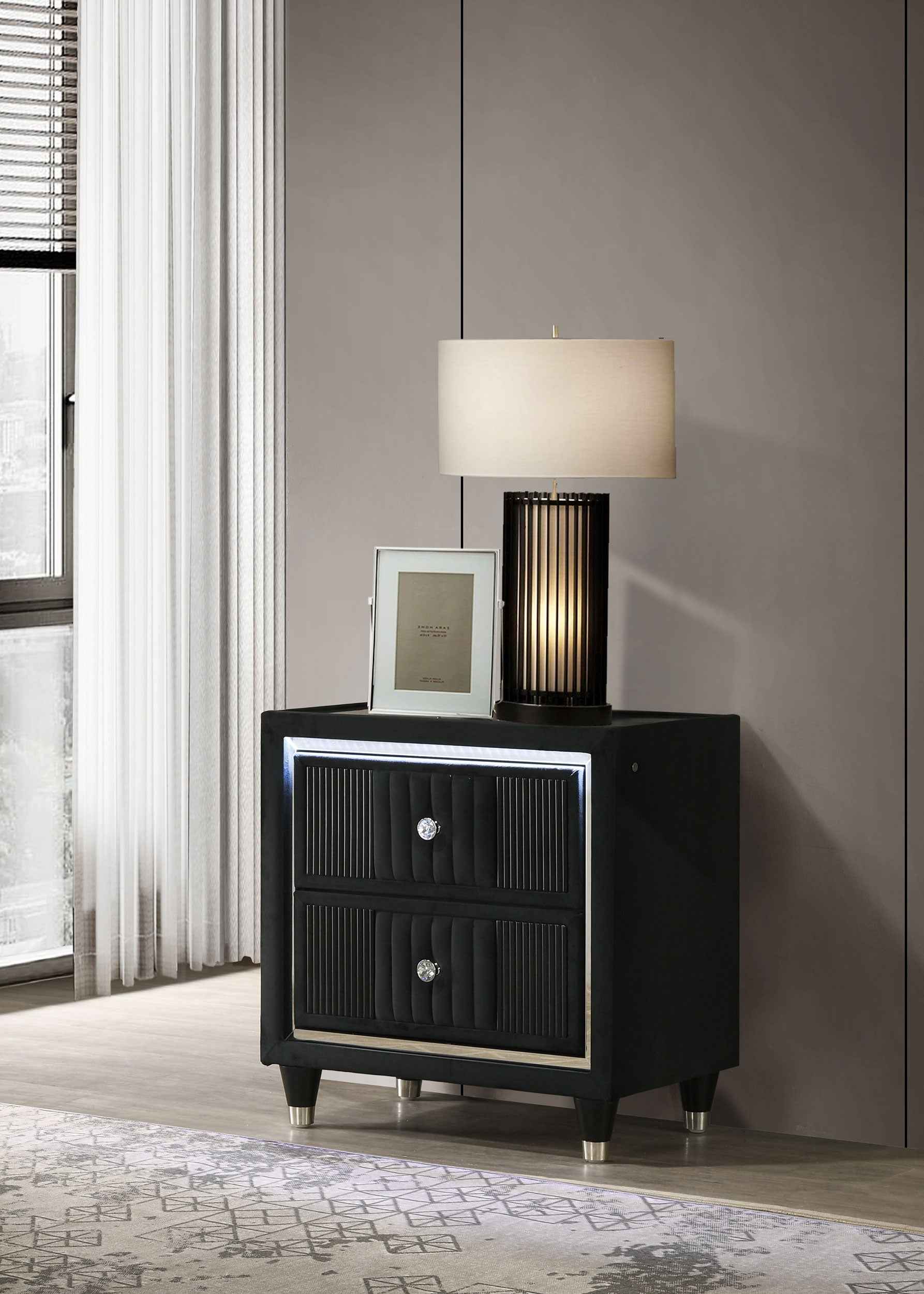Ravenne Black 2-drawer Velvet Upholstered LED Nightstand with USB