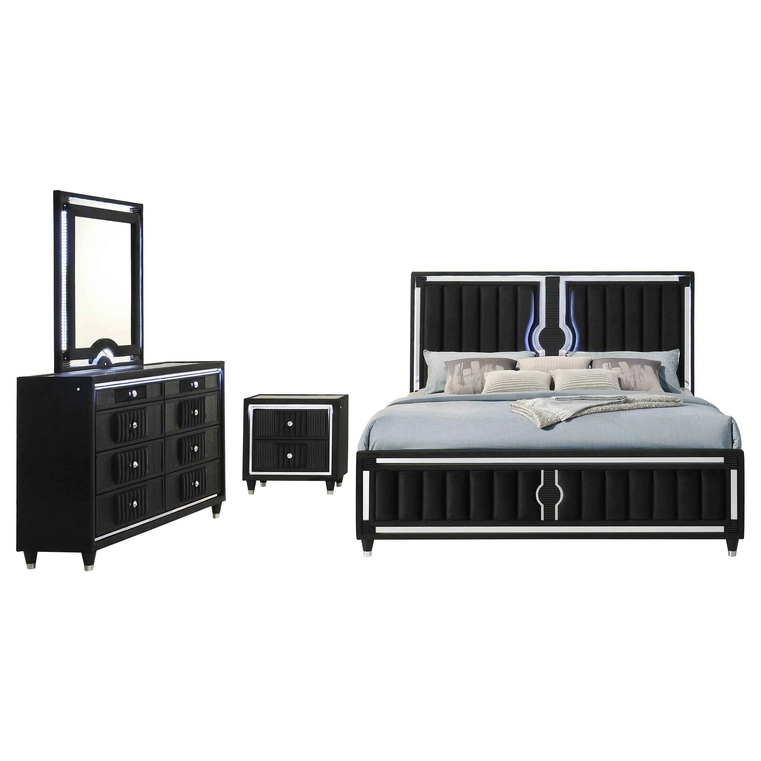 Ravenne Black 4-piece Velvet Upholstered California King LED Bedroom Set - Image 2