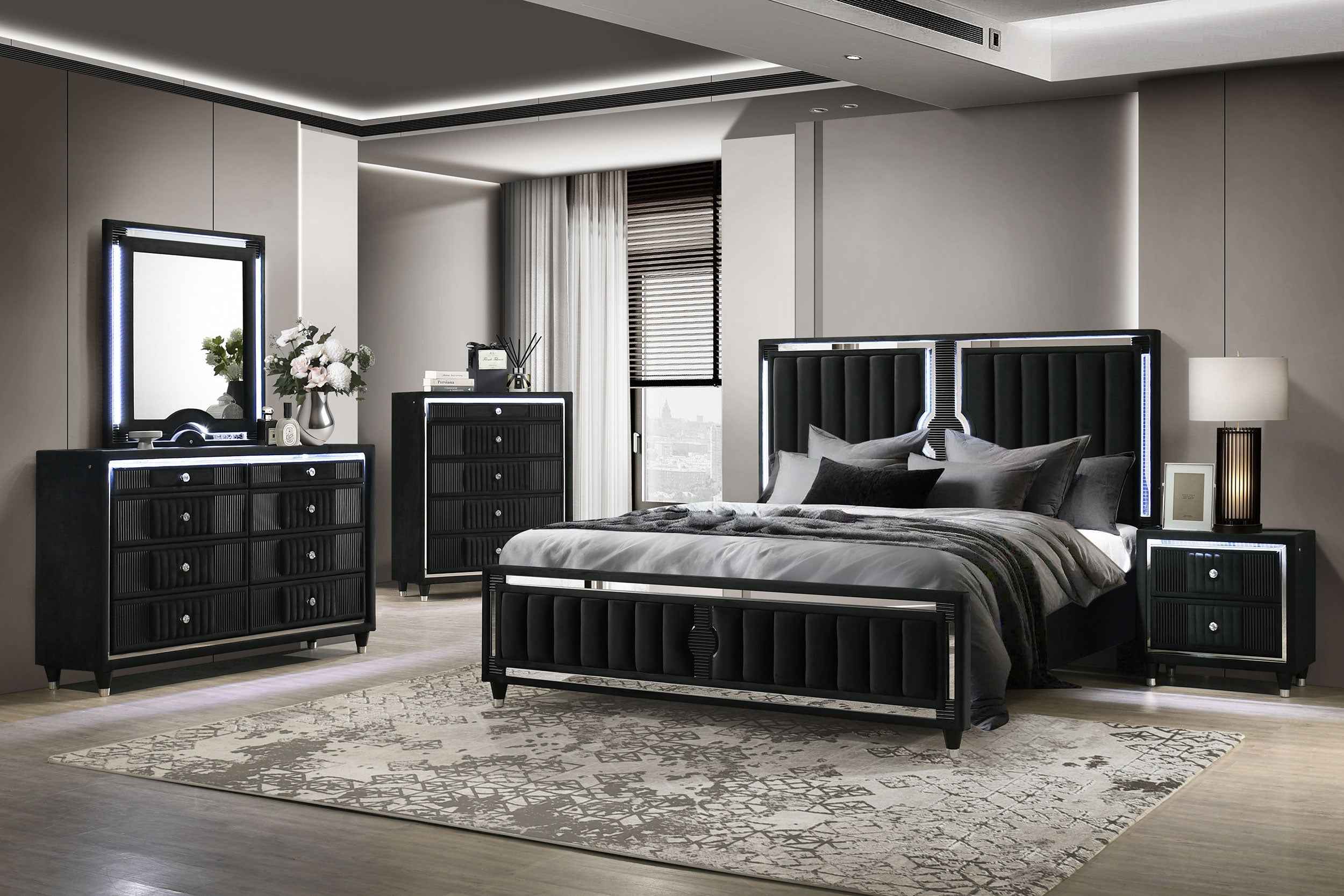 Ravenne Black 5-piece Velvet Upholstered Eastern King LED Bedroom Set