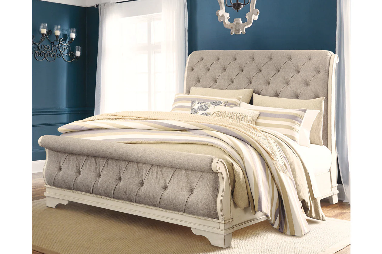 Realyn Chipped White Upholstered Sleigh Bedroom Set - Image 6
