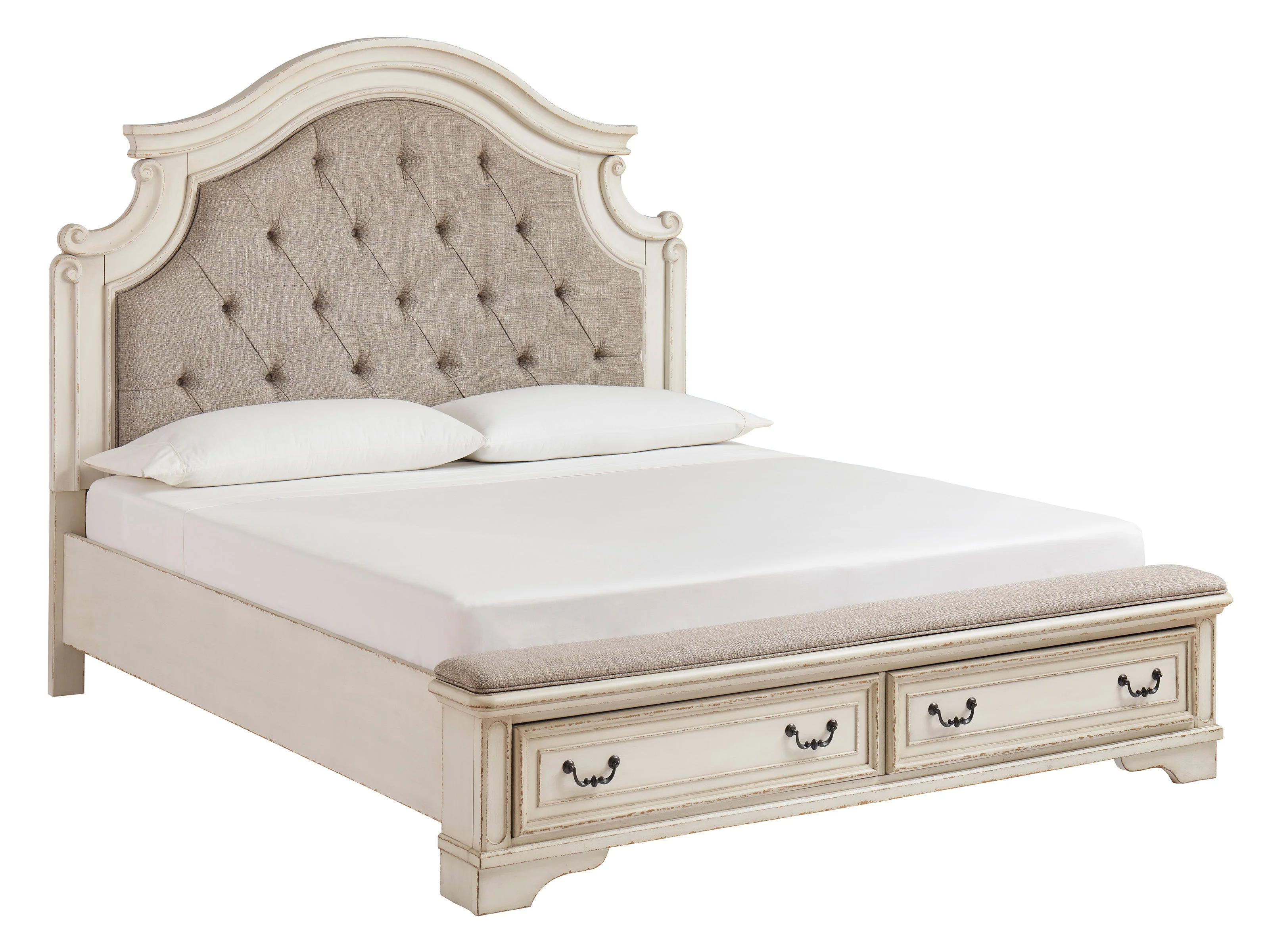 Realyn Chipped White Upholstered Storage Platform Bedroom Set with Footboard Bench - Image 2