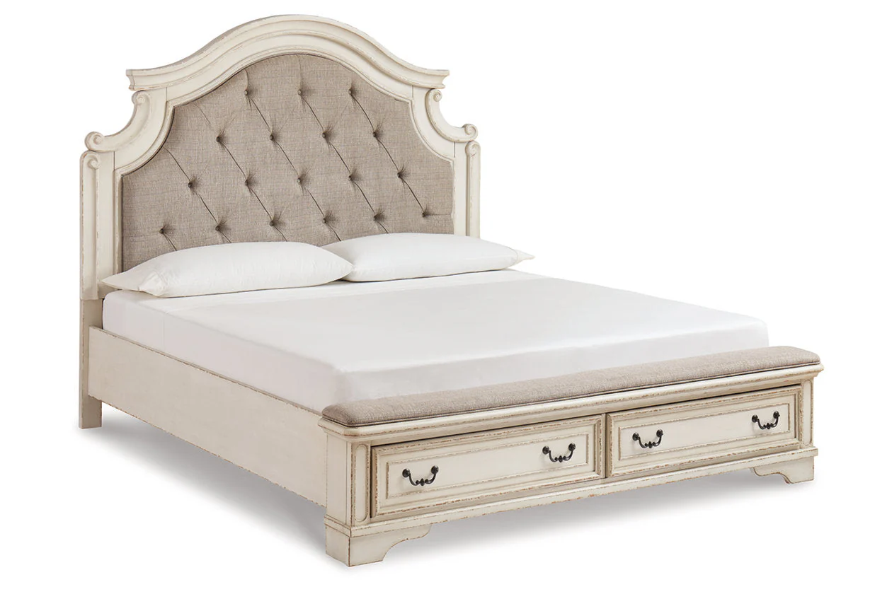 Realyn Two-tone California King Upholstered Storage Platform Bed with Footboard Bench