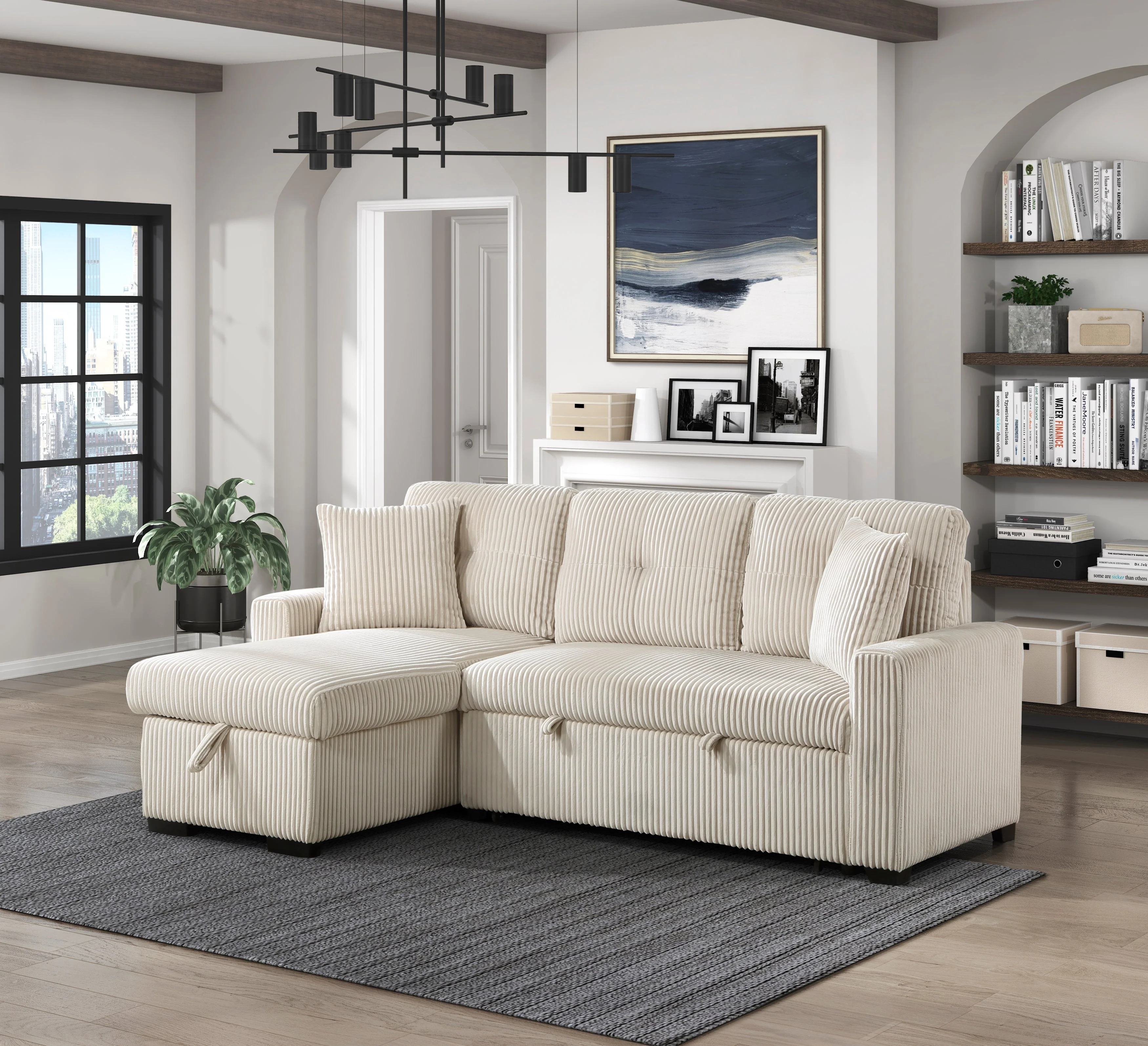 Rhett Beige 3-Piece Reversible Sectional with Pull-out Bed and Hidden Storage