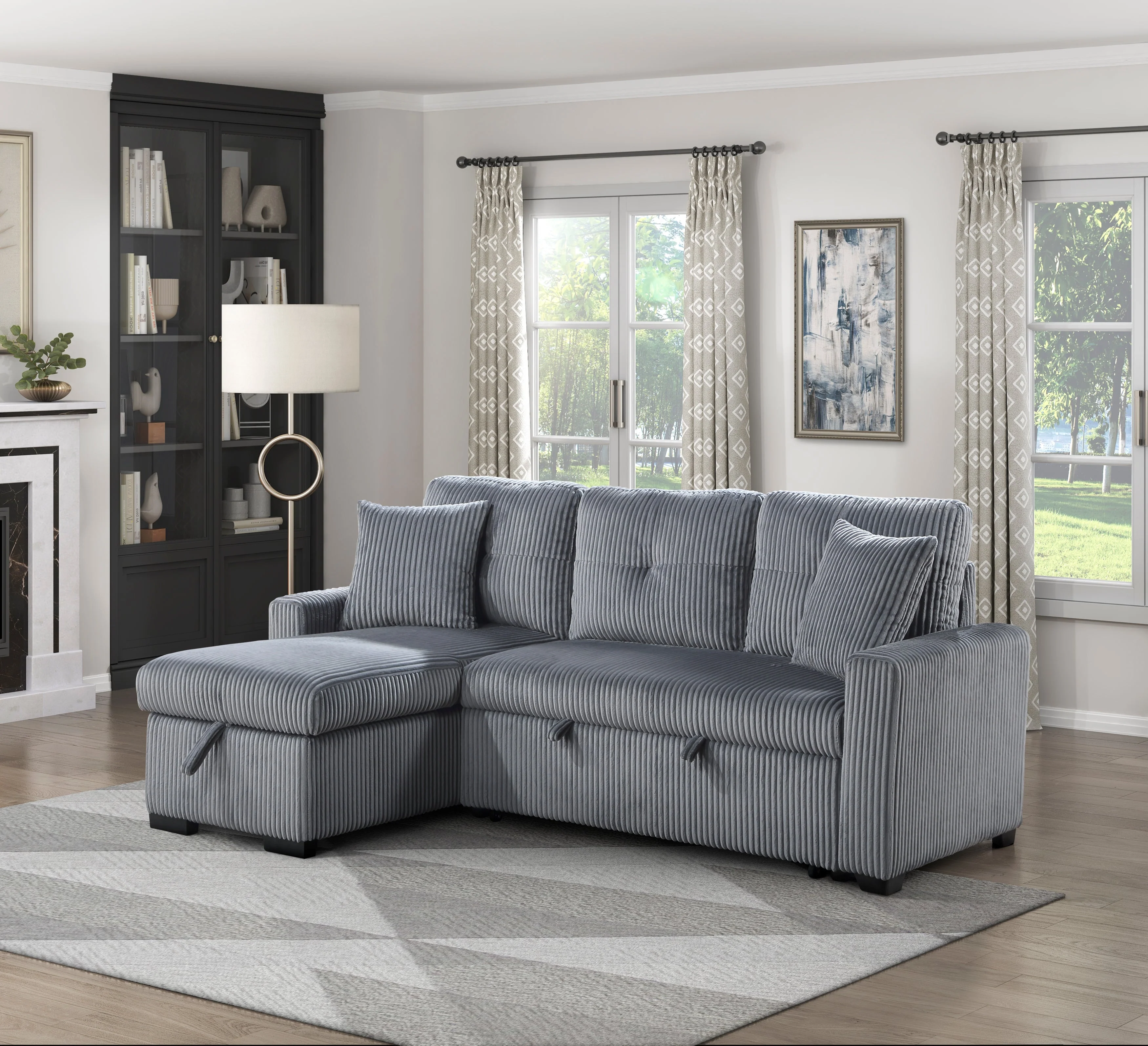 Rhett Dark Gray 3-Piece Reversible Sectional with Pull-out Bed and Hidden Storage