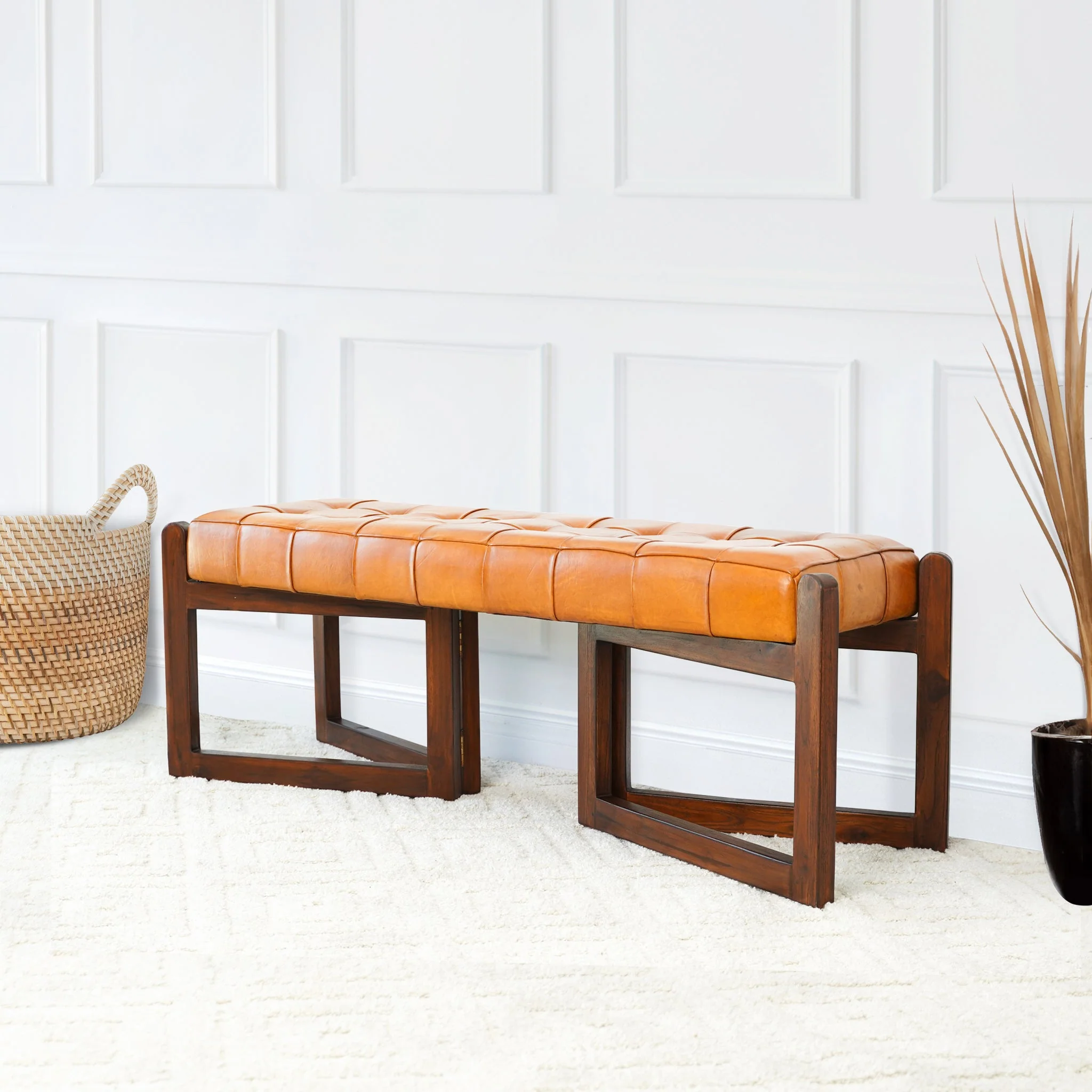 Riley Tan Genuine Leather Bench - Image 3
